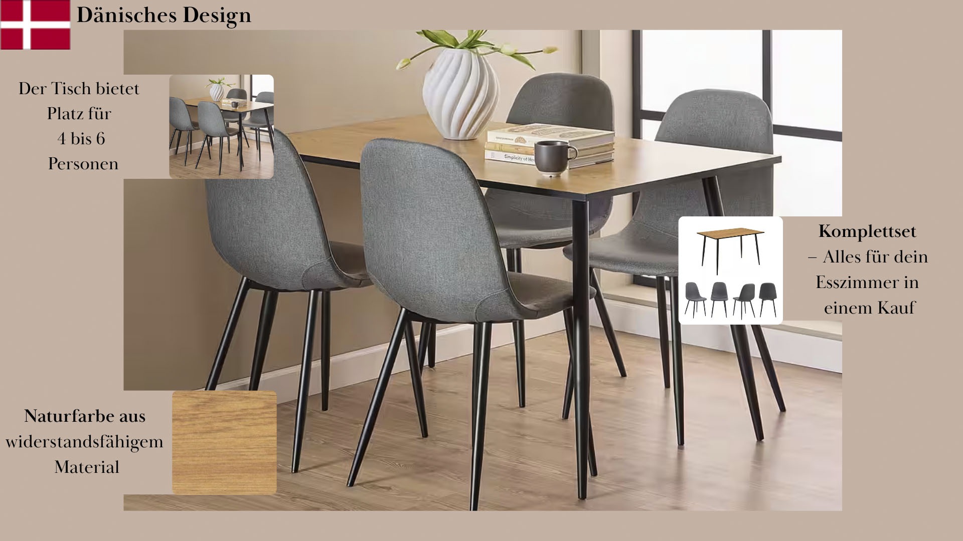 ACTONA GROUP Esszimmer-Set »Esspruppe, Speisetisch mit Wohnzimmerstühlen«, (Komplett-Set, 5 St., 1x Tisch + 4x Stuhle), Rechteckig Esstisch+4x Stühle,Wildeiche Melamin,dunkelgrau,120x80x75cm