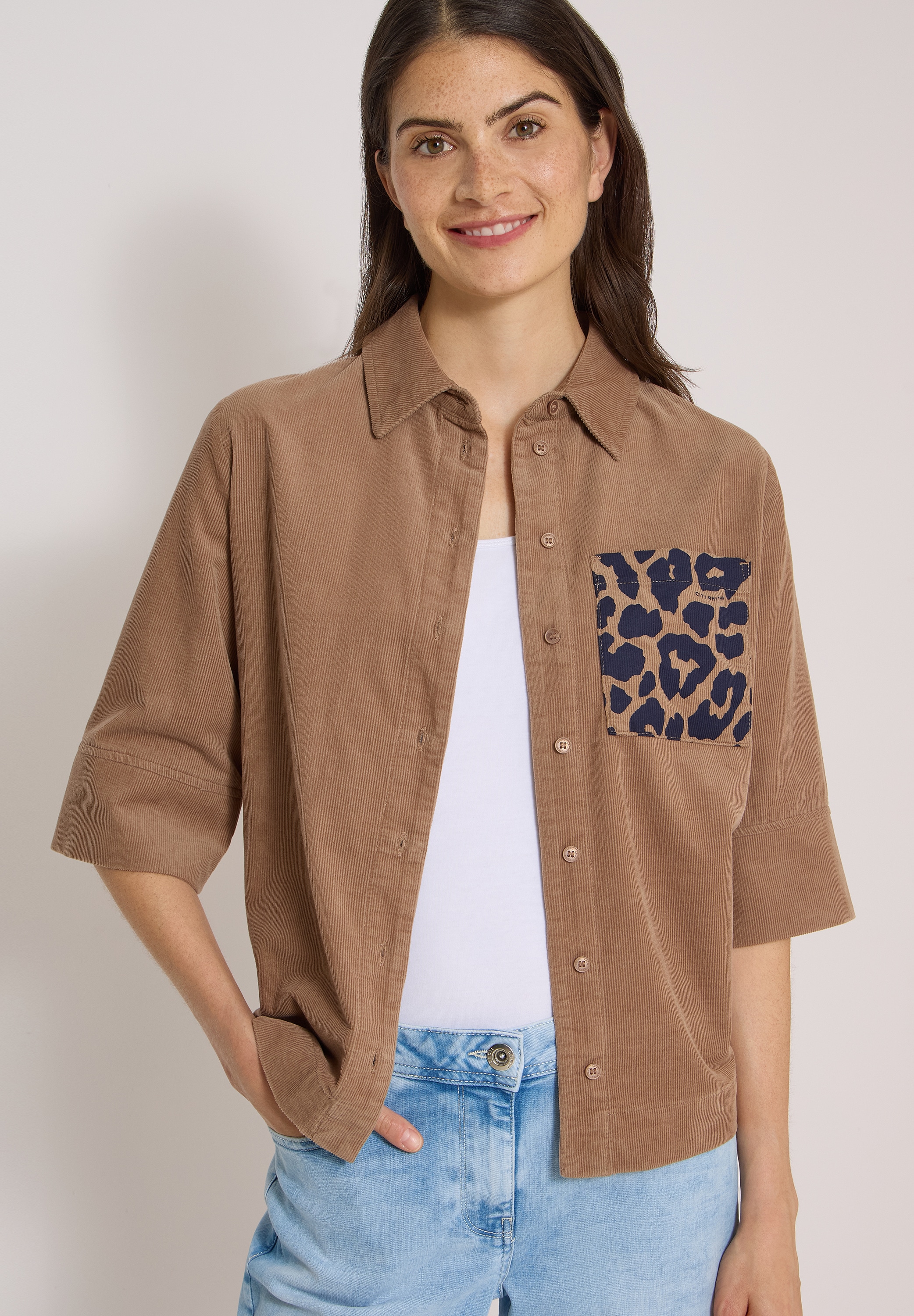 Cecil Kurzarmbluse Sommerbluse aus Cord mit Leo-Brusttasche