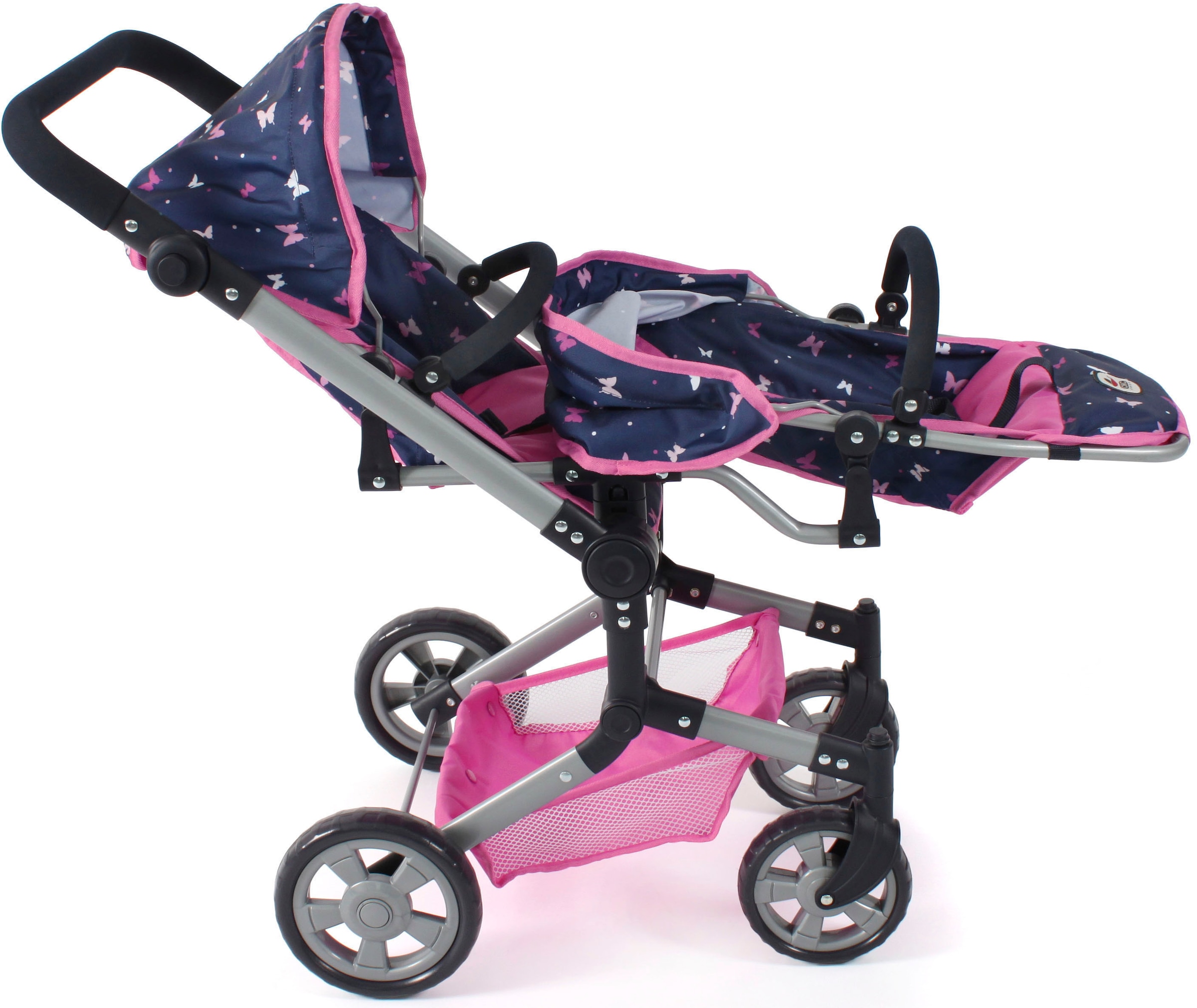 CHIC2000 Puppen-Zwillingsbuggy »Linus Duo, Butterfly, rosa«, mit zwei abnehmbaren, bis in Liegeposition verstellbaren Sportsitzen