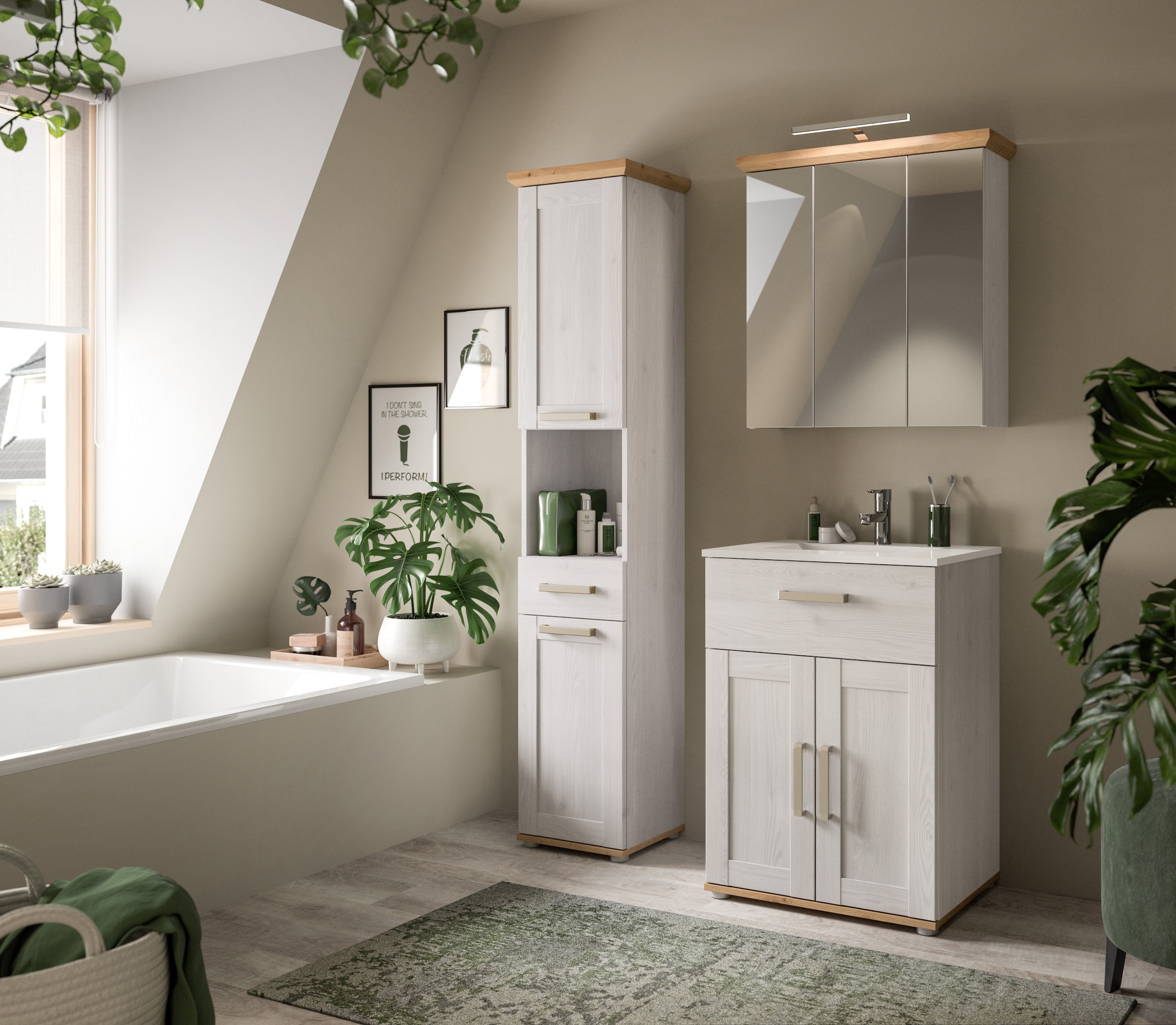 welltime Spiegelschrank »COSENZA, inkl. Beleuchtung, Breite 69cm, 3 Spiegeltüren, 9 Fächer« in Landhausoptik, mit weiteren Artikel der Serie kombinierbar, 2 Stk. tlg. Spiegelschrank, Spiegel, Bad, Badezimmer