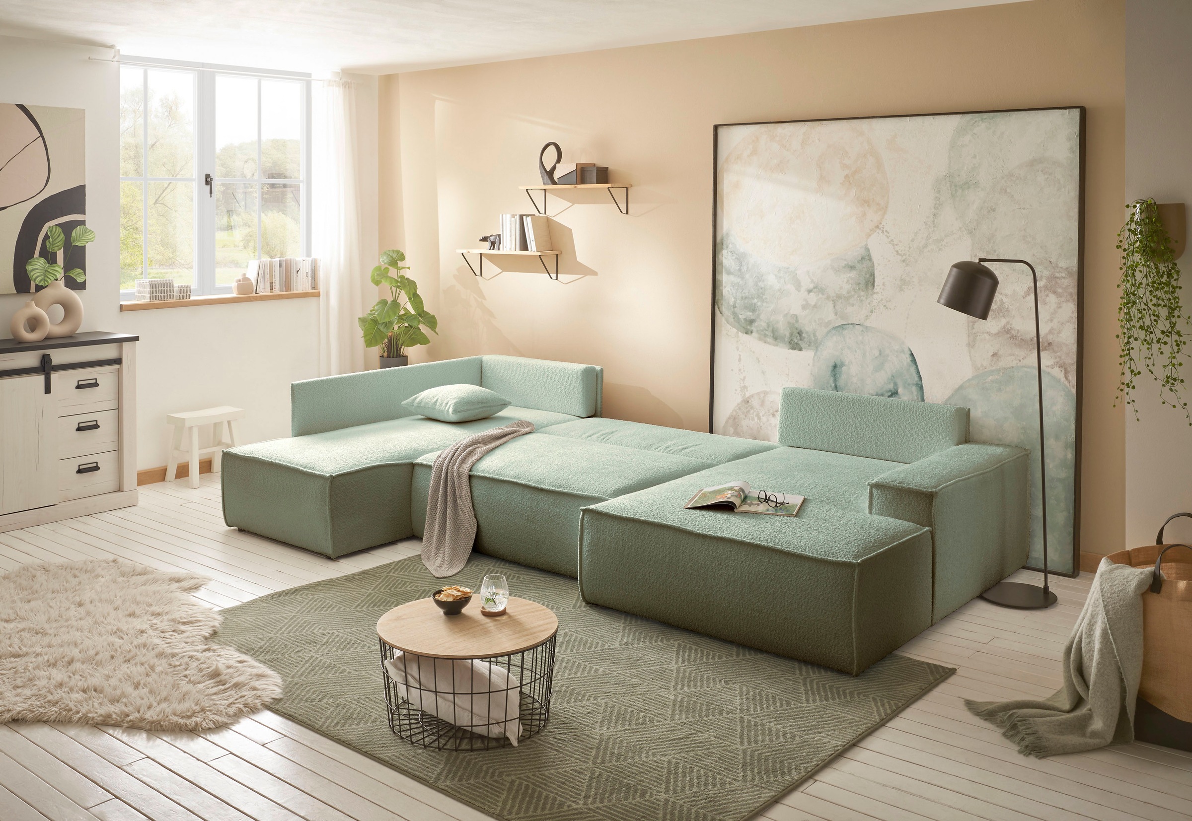 andas Wohnlandschaft »FINNLEY U-Form XXL 329 cm, Schlafsofa, Schlaffunktion m. Bettkasten«, (194/139 cm), Bouclé, Struktur und Cord