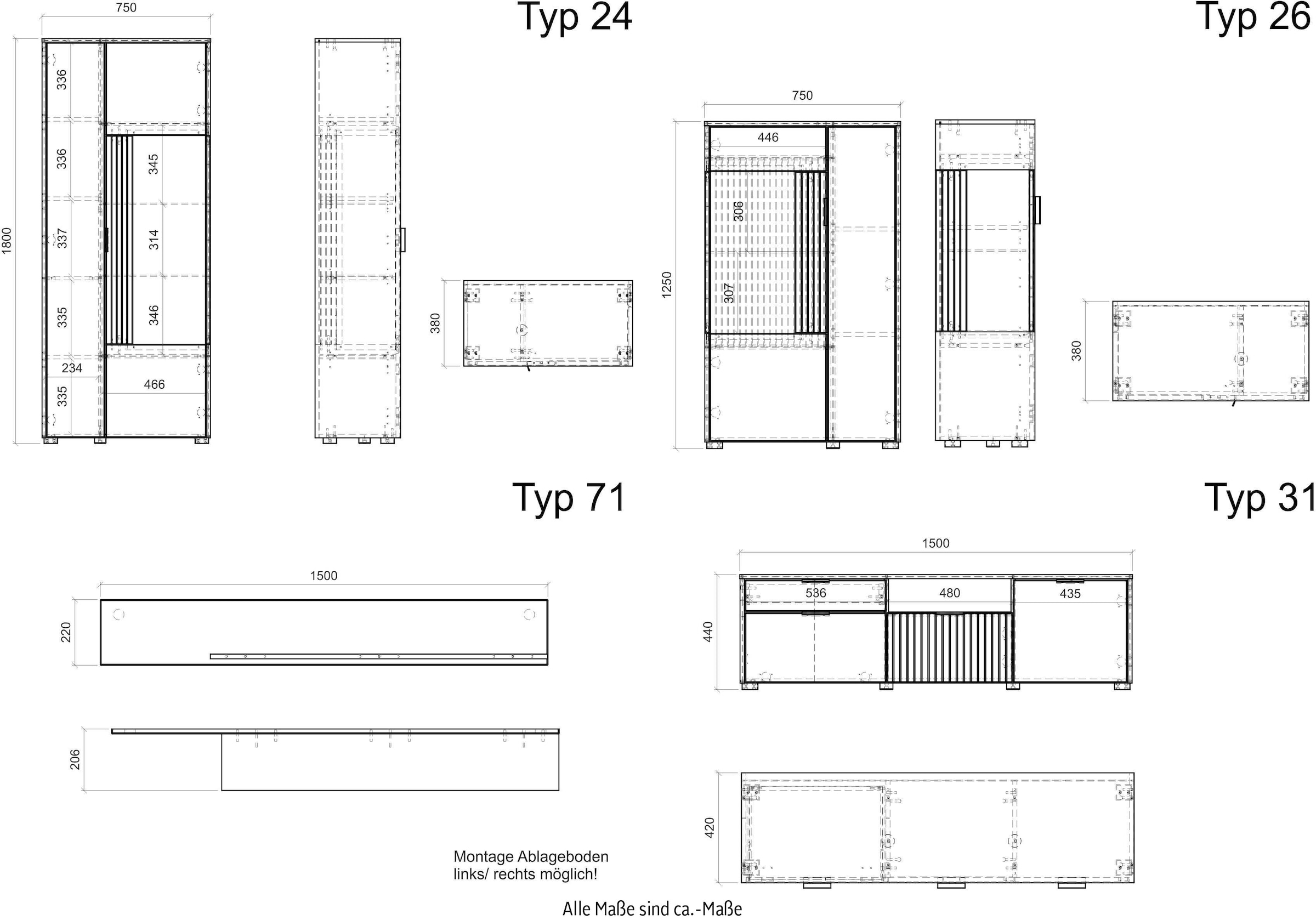 INOSIGN Wohnwand »HUDSON«, (Set, 4 St.), mit moderner Rillenoptik, Griffe aus Metall (Schwarz), Breite 320 cm