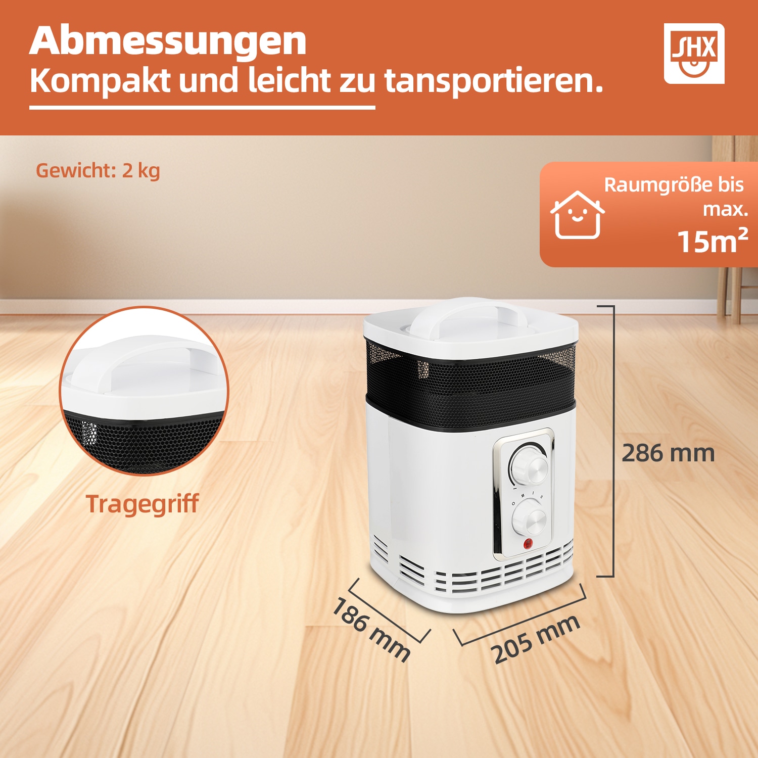 SHX Heizlüfter, 1500 W, Rundum-Luftverteilung, Thermostat, einfache Bedienung