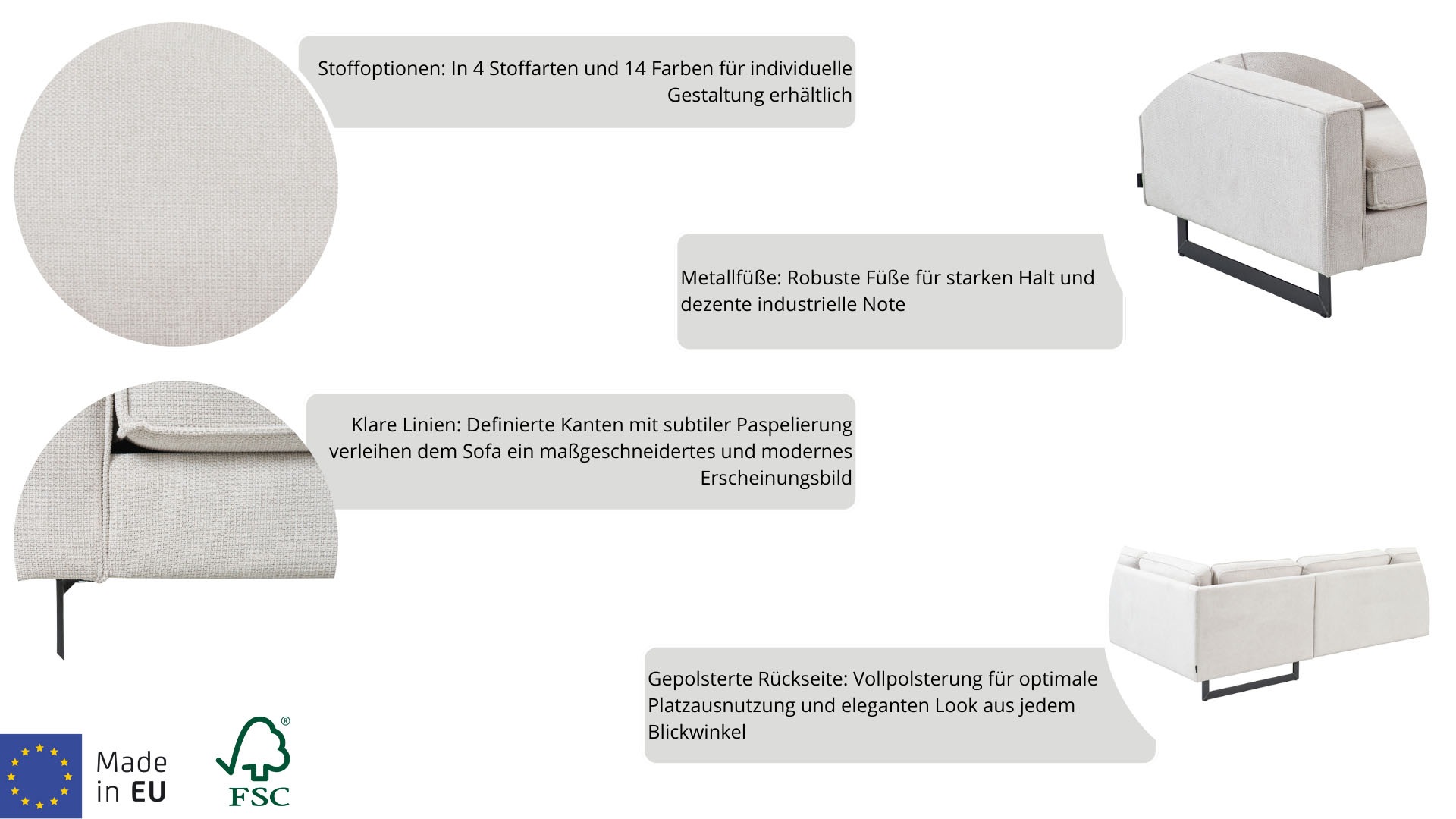 Places of Style Ecksofa »Pinto, 290 cm, Cord, Chenille, Lederoptik, Ottomane links / rechts«, mit Keder, schwarze Metallfüße, Wellenunterfederung