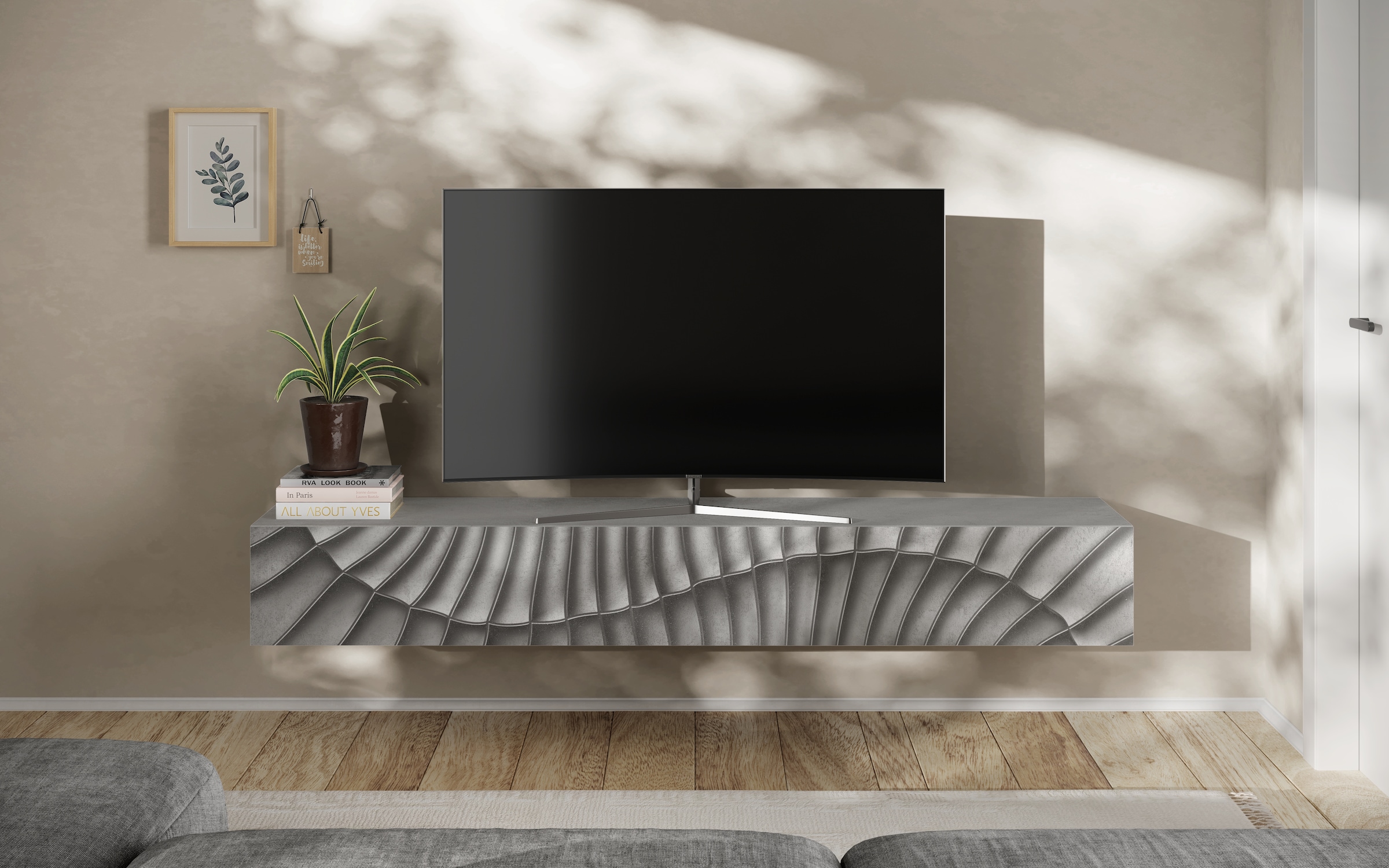 INOSIGN Lowboard »Snake Breite 210 cm, modernes TV-Board hängend mit 1 Klappe,«, TV-Möbel, TV-Schrank, Front mit Siebdruck