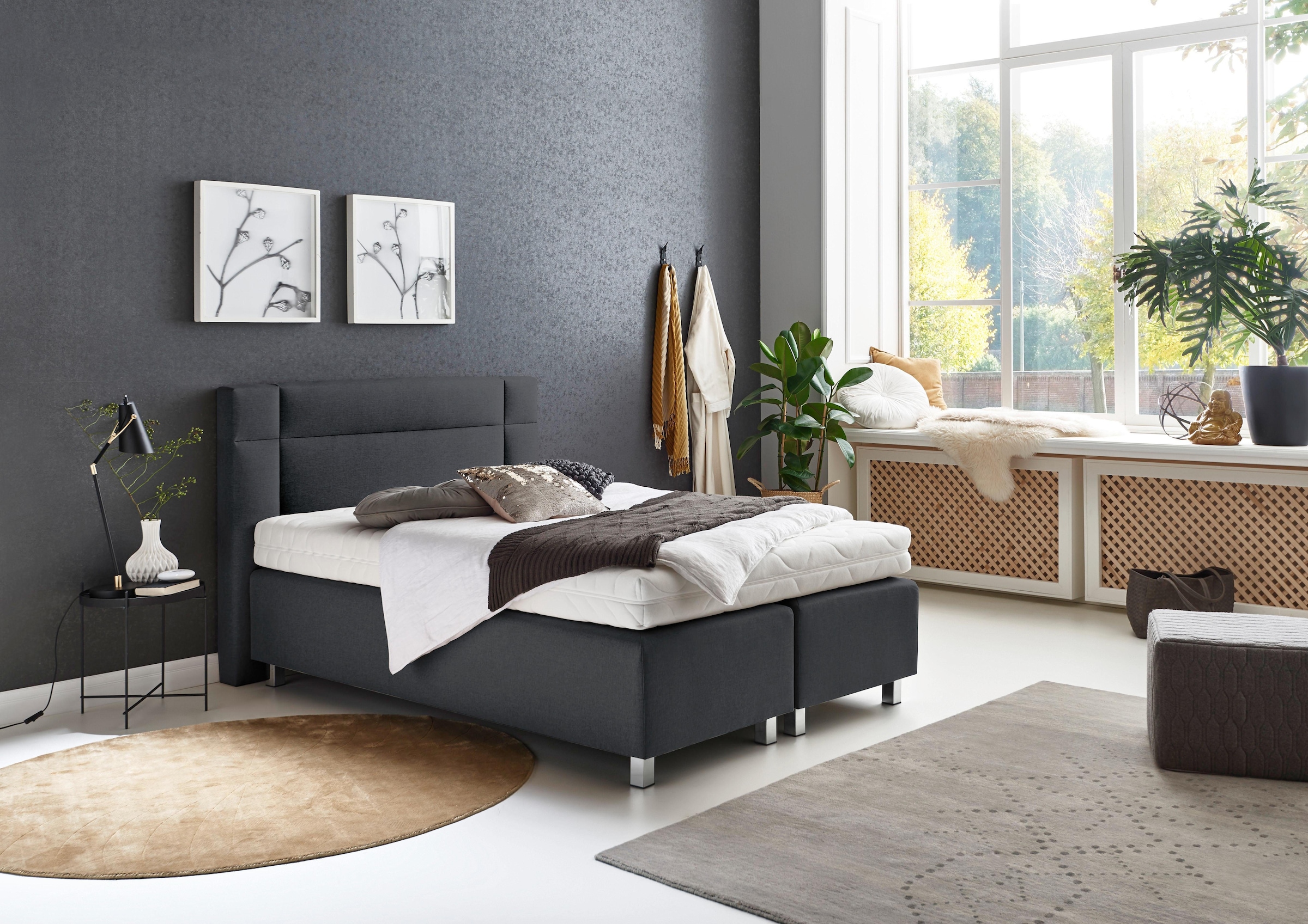 Westfalia Schlafkomfort, Boxspringbett in diversen Ausführungen, Feinstrukturstoff anthrazit, Bezug Unterbox und Kopfteil: Feinstrukturstoff (77% 