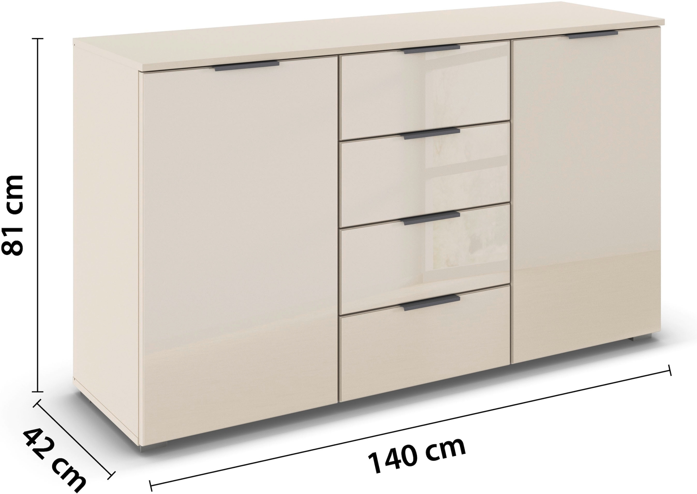 rauch Kombikommode »Sideboard Kombikommode Schubladenkommode AGORDO mit Glasfront«, (in zwei Griff-Farben), mit 4 Schubkästen und 2 Türen sowie Metallgriffen MADE IN GERMANY