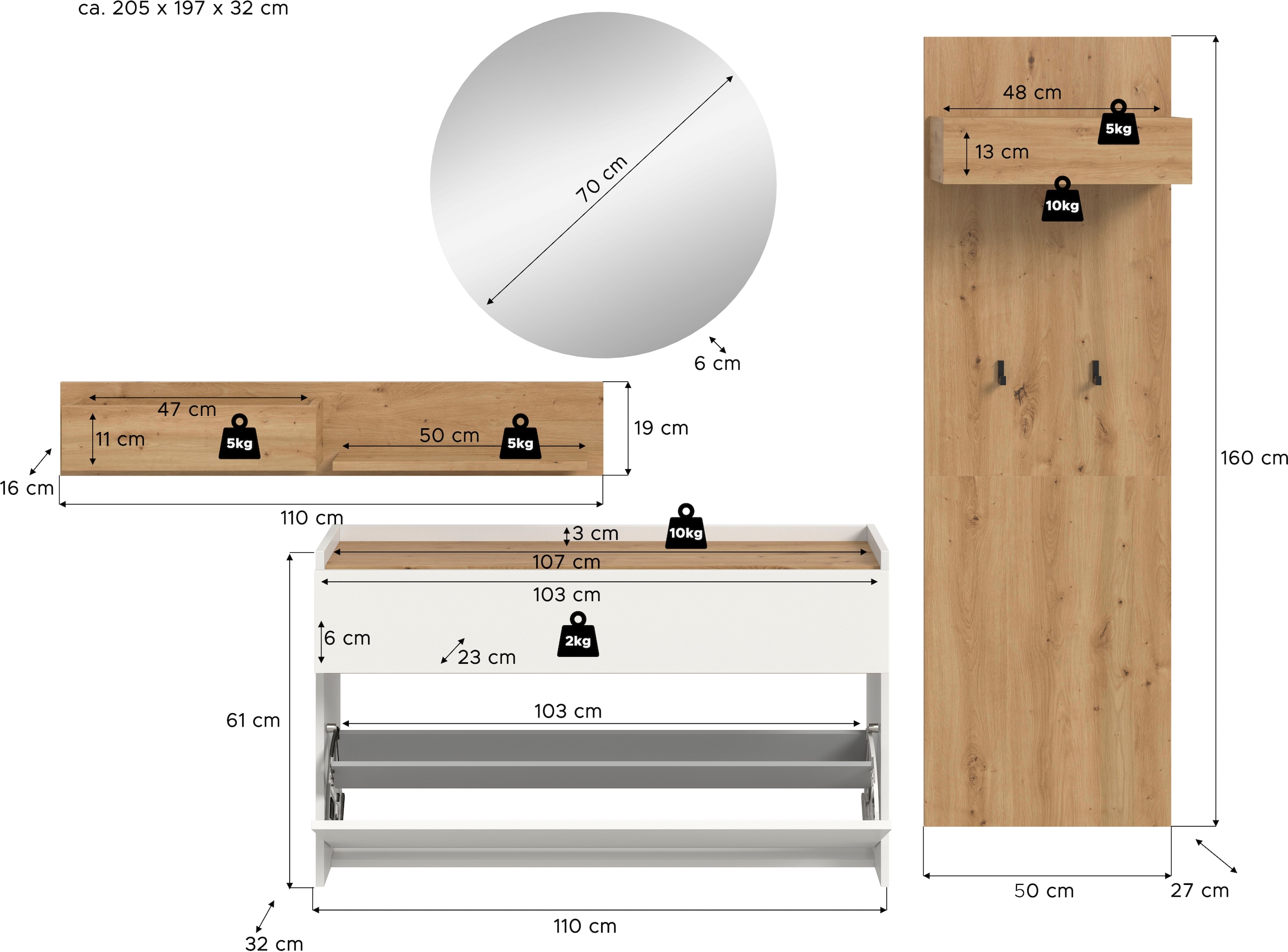 Home affaire Garderoben-Set »EVRID, 4-teilig, Breite 205 cm, individuell hängbar & erweiterbar« best. aus: Wandboard, Kommode, Spiegel, Garderobenpaneel, 4 Stk. tlg.