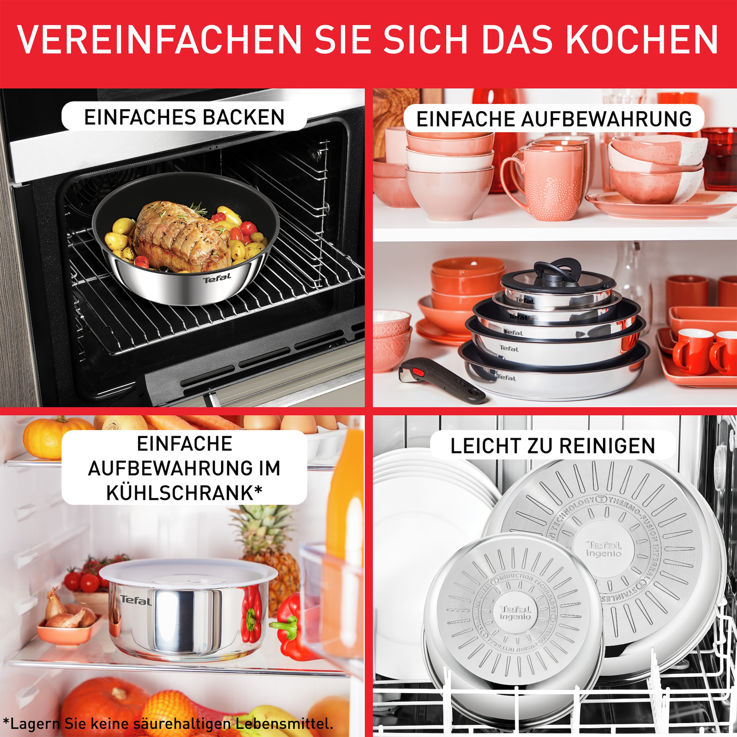 Tefal Pfannen-Set »Ingenio Emotion« Edelstahl Set, 5 Stk. tlg. abnehmbarer Griff, Antihaftversiegelung, Thermo-Signal, Induktion