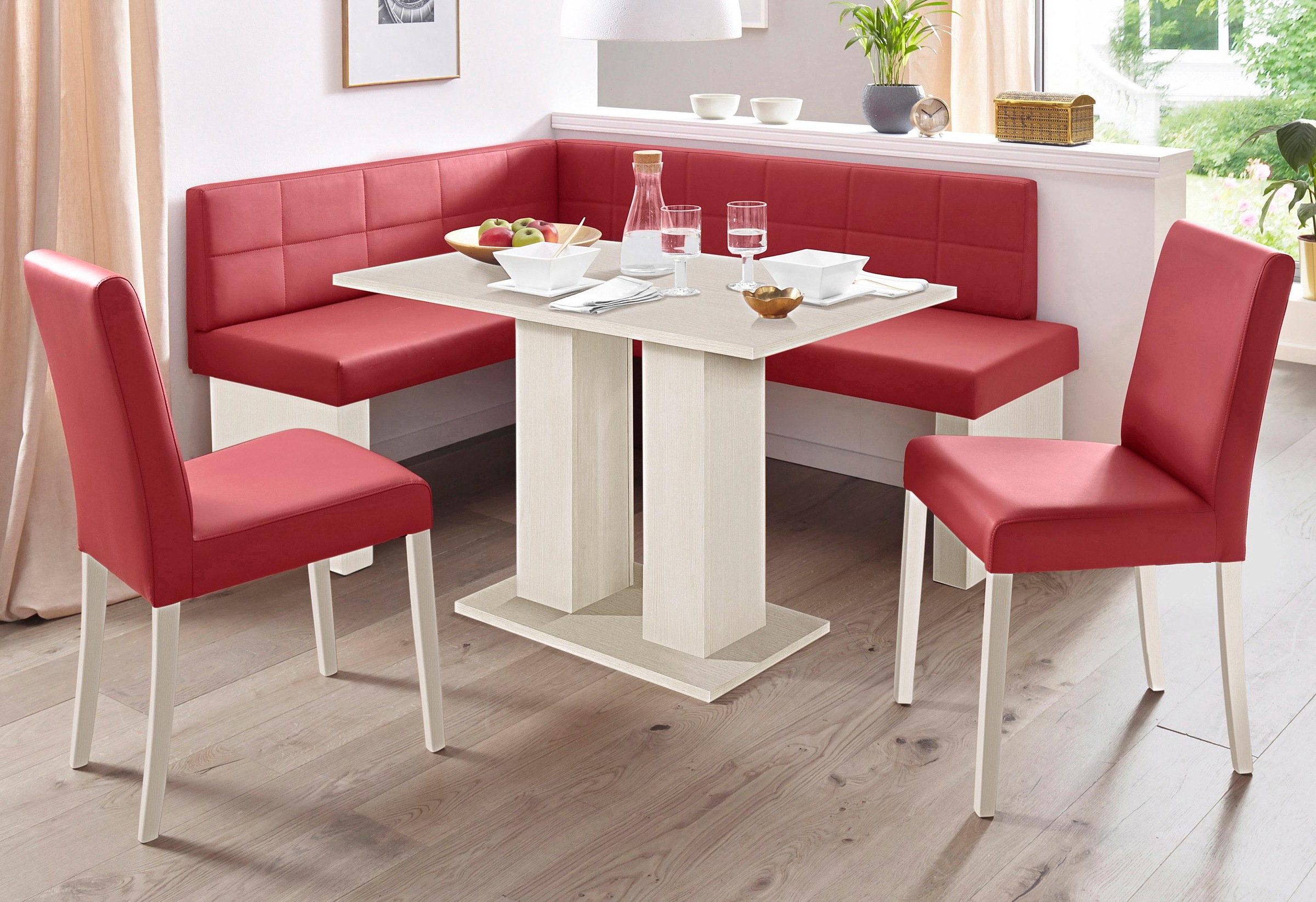massivline&more, Eckbankgruppe »Anna« Set, 4 Stk. tlg. mit 2 Stühlen mit massiven Gestell, Weiß/Lotos 5269 rot + rot + weiß, Holzwerkstoff, Kunstleder