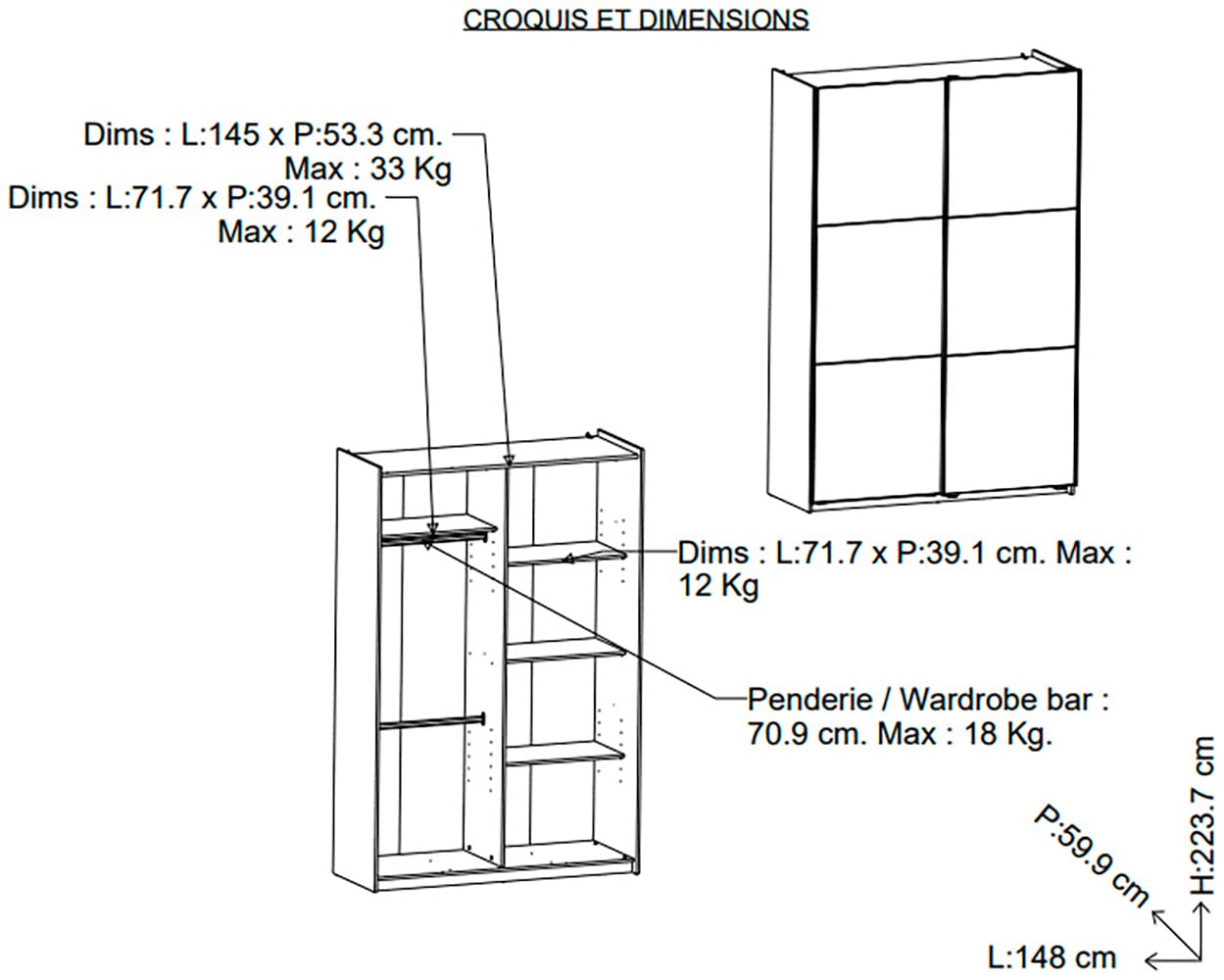 Demeyere GROUP Schiebetürenschrank »zeitloser Kleiderschrank, extra hoch«, (B/H/T ca. 148/224/60cm), viel Stauraum, 2 Kleiderstangen aus Stahl, viele Ablageflächen