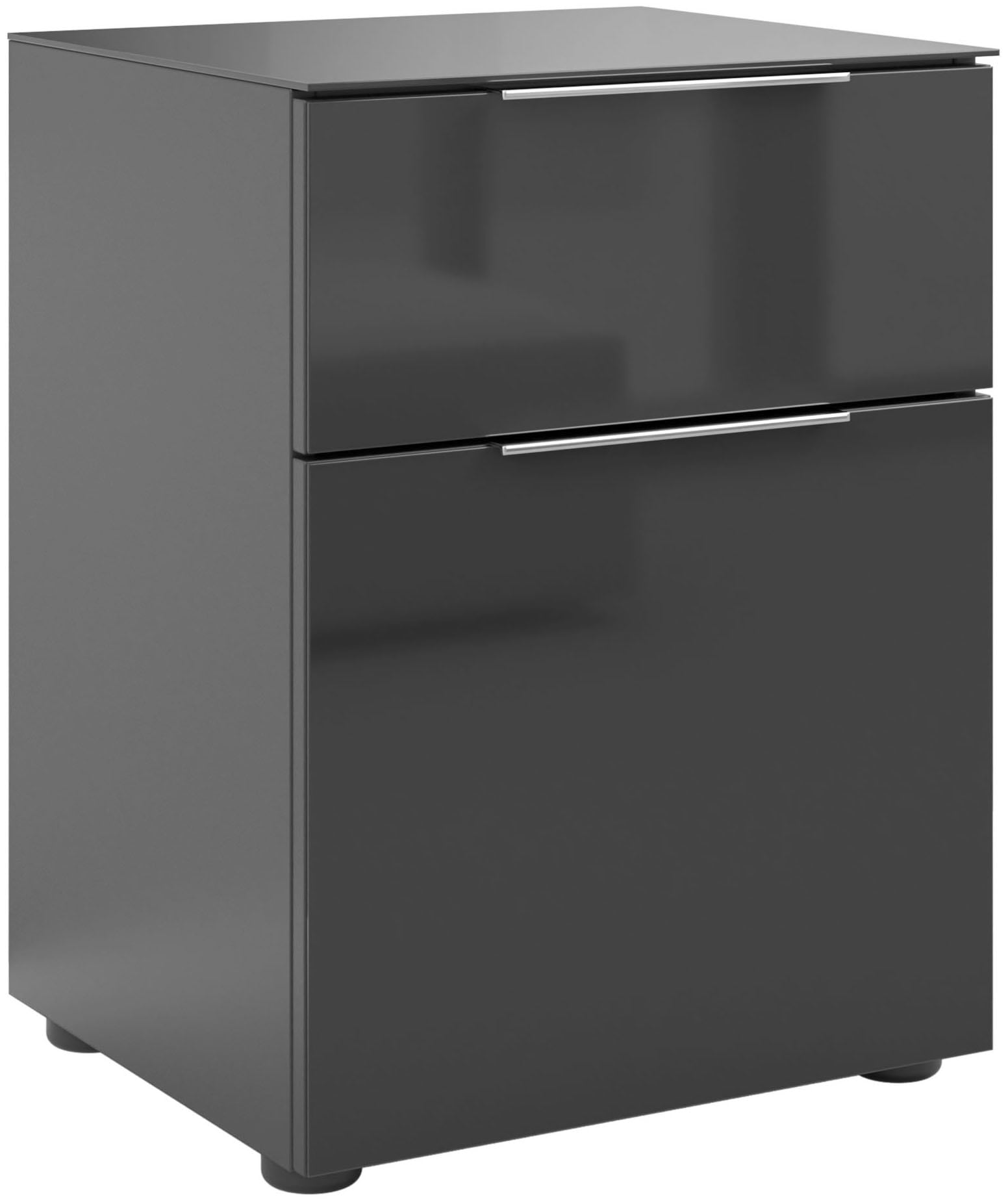 Manjana Möbel Nachtkommode »mit Chrom oder Schwarz matten Metallgriffen« mit Glasfronten, melaminbeschichtete Oberfläche, mit Vollauszug