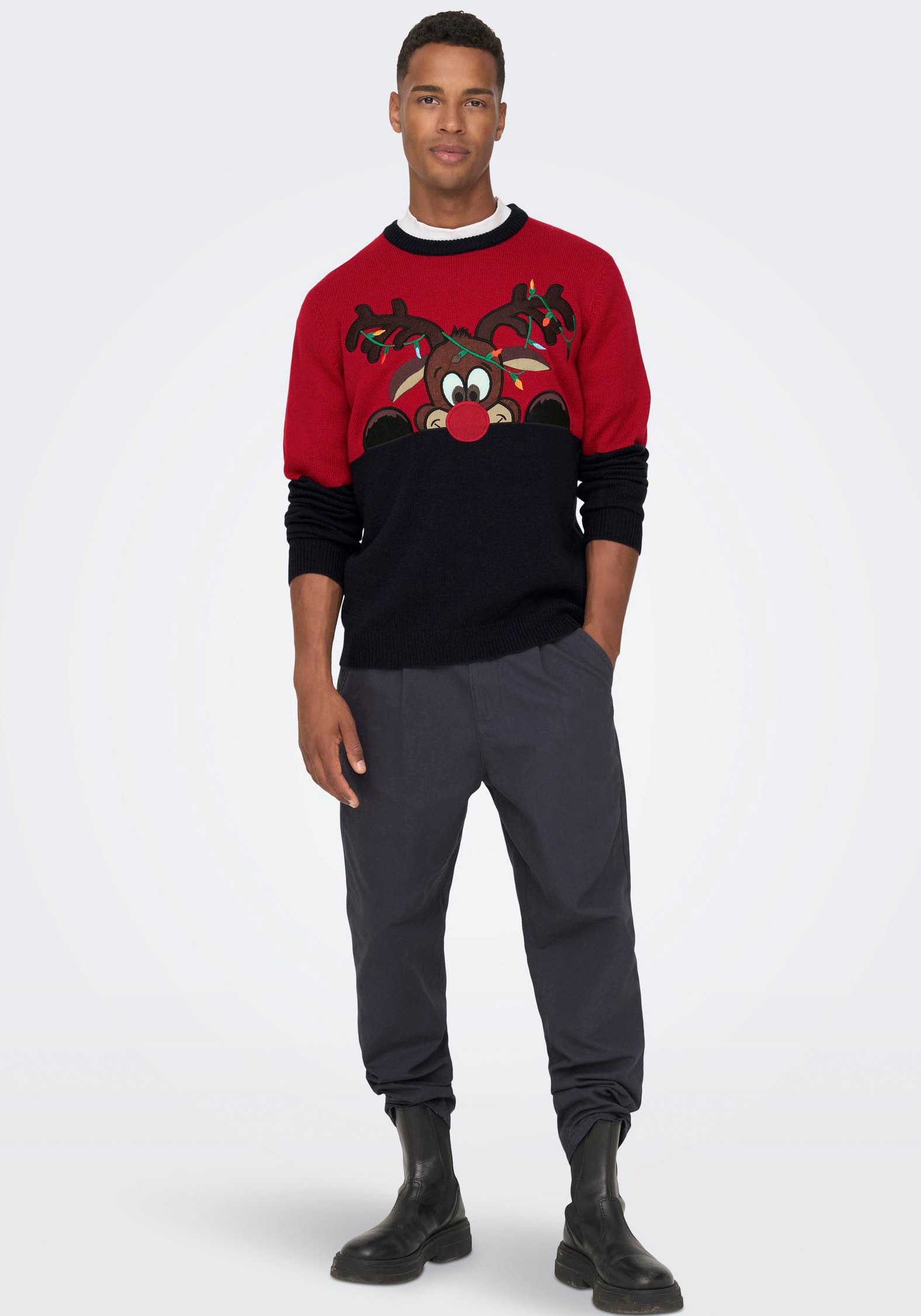 ONLY & SONS Weihnachtspullover mit Bündchen an Ärmel und Saum