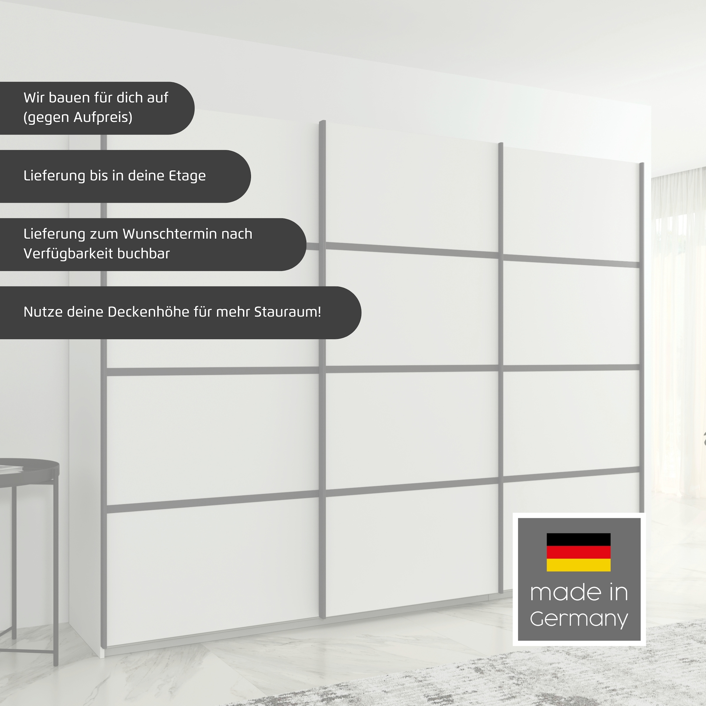 rauch Kleiderschrank »Schwebetürenschrank OTTO´s Choice Garderobe Schrank TOP ANGEBOT Avola«, (in 3 verschiedenen Ausstattungen BASIC/CLASSIC/PREMIUM), mit eleganten Zierleisten in Chrom, Schwarz oder Weiß MADE IN GERMANY