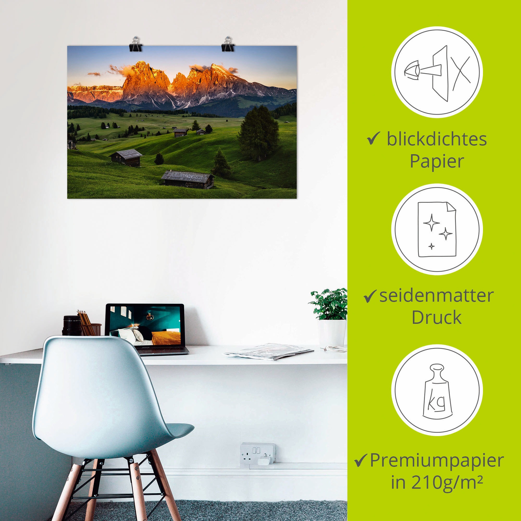 Artland Wandbild »Sonnenuntergang Seiser Alm in Südtirol«, Berge & Alpenbilder, (1 St.), als Alubild, Leinwandbild, Wandaufkleber oder Poster in versch. Größen