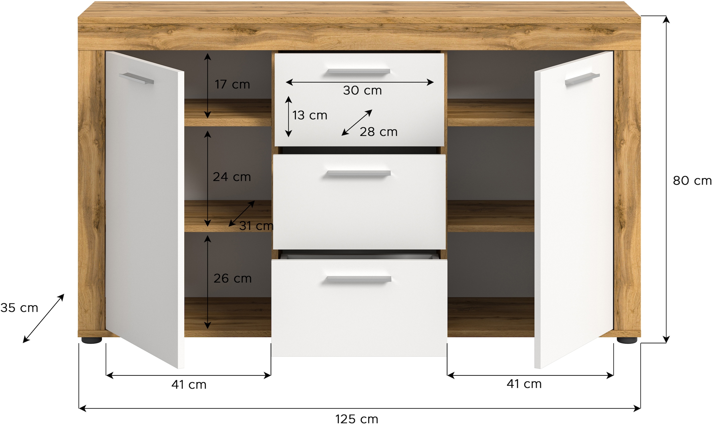 Home affaire Sideboard »AOSTA, Breite 125 cm, 2 Türen, 3 Schubkästen, 4 Fachböden« in verschiedenen Farbausführungen, individuell kombinierbar,  Kommode, Schrank, Anrichte, Standschrank, Board, Wohnzimmer