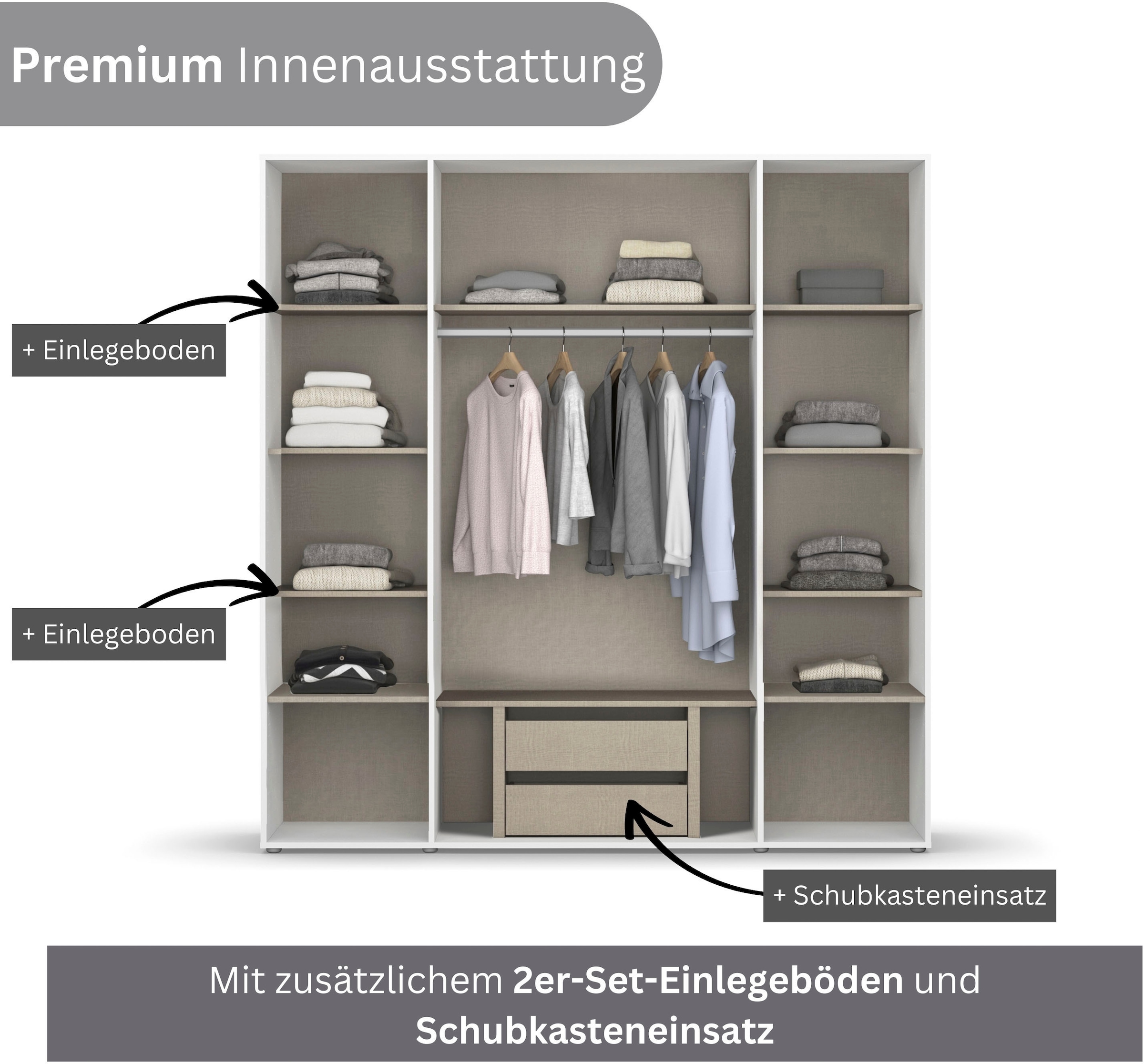 rauch Drehtürenschrank »Kleiderschrank Schrank Garderobe Wäscheschrank NAGATA viel Stauraum«, (in 3 verschiedenen Ausstattungen BASIC/CLASSIC/PREMIUM), mit modernen Stangengriffen in Graumetallic TOPSELLER MADE IN GERMANY
