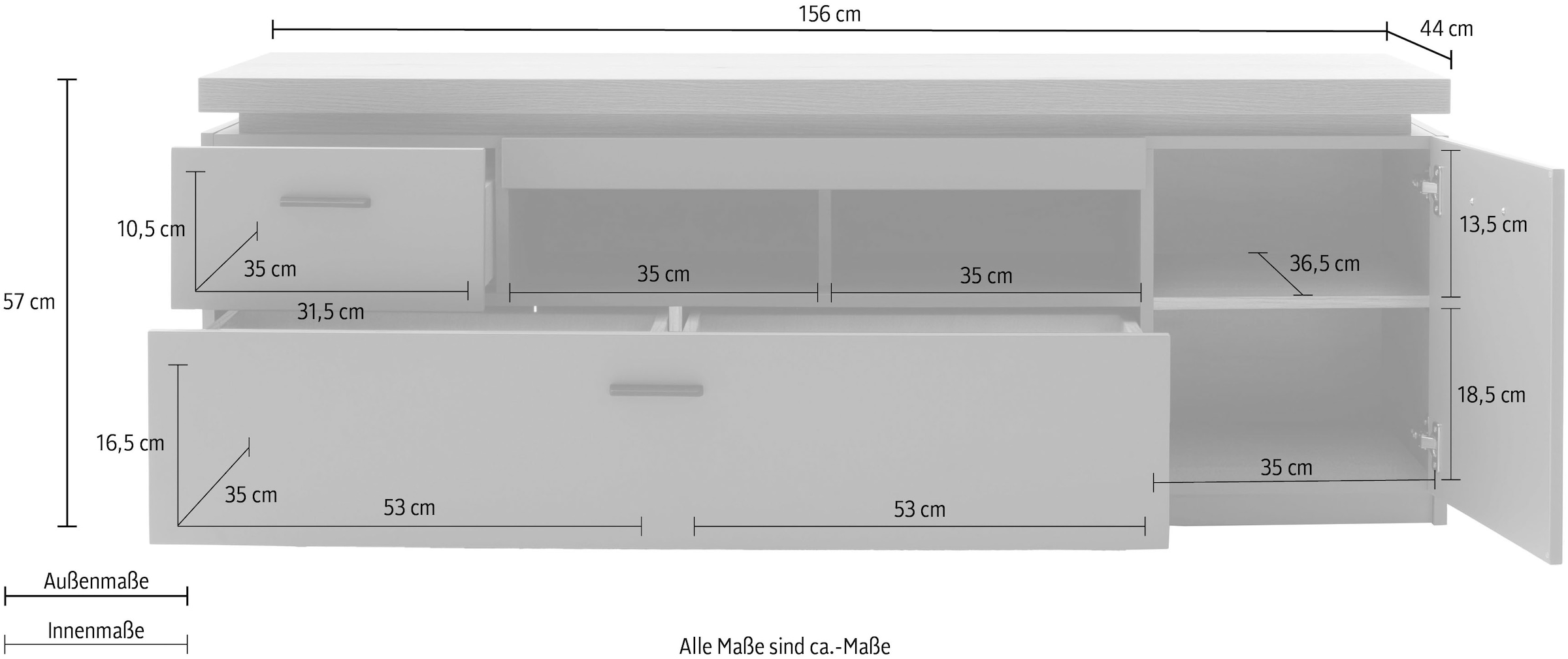 MCA furniture Lowboard »MONIZ TV-Element«, TV-Schrank, 2 Türen, 2 Schubkästen, 2 offene Fächer, 156 cm breit