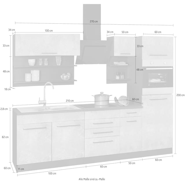 HELD MÖBEL Küchenzeile »Tulsa«, ohne E-Geräte, Breite 270 cm, schwarze  Metallgriffe, MDF Fronten auf Rechnung kaufen