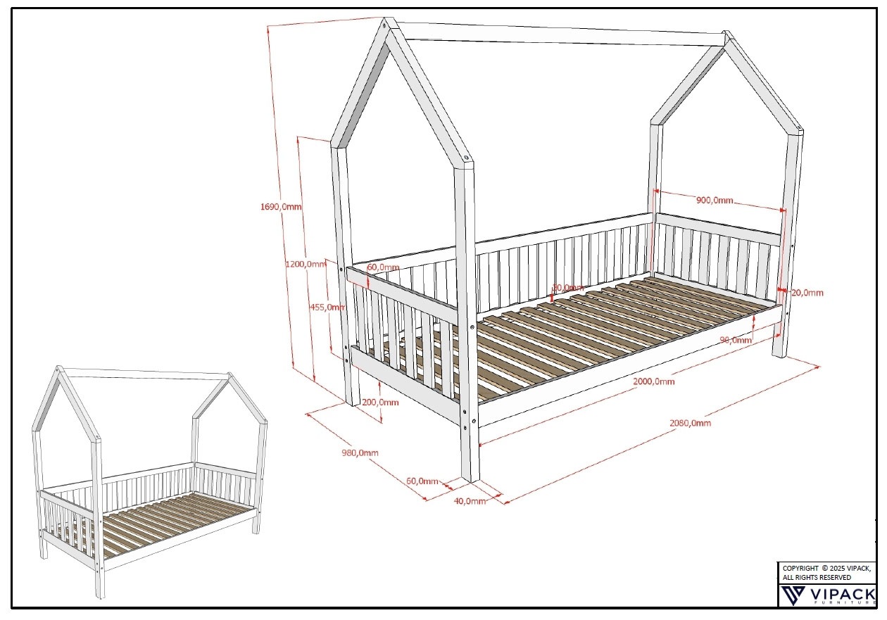 Vipack Hausbett »Cabane, mit Dachaufbau, Bettschublade auf Rollen u. Sprossenumrandung«, (B/H/T ca. 208x169x98 cm) aus massiver Eiche, Oberfläche Natur), sehr stabil und standfest gebaut inkl. Massivholz Rolllattenrost