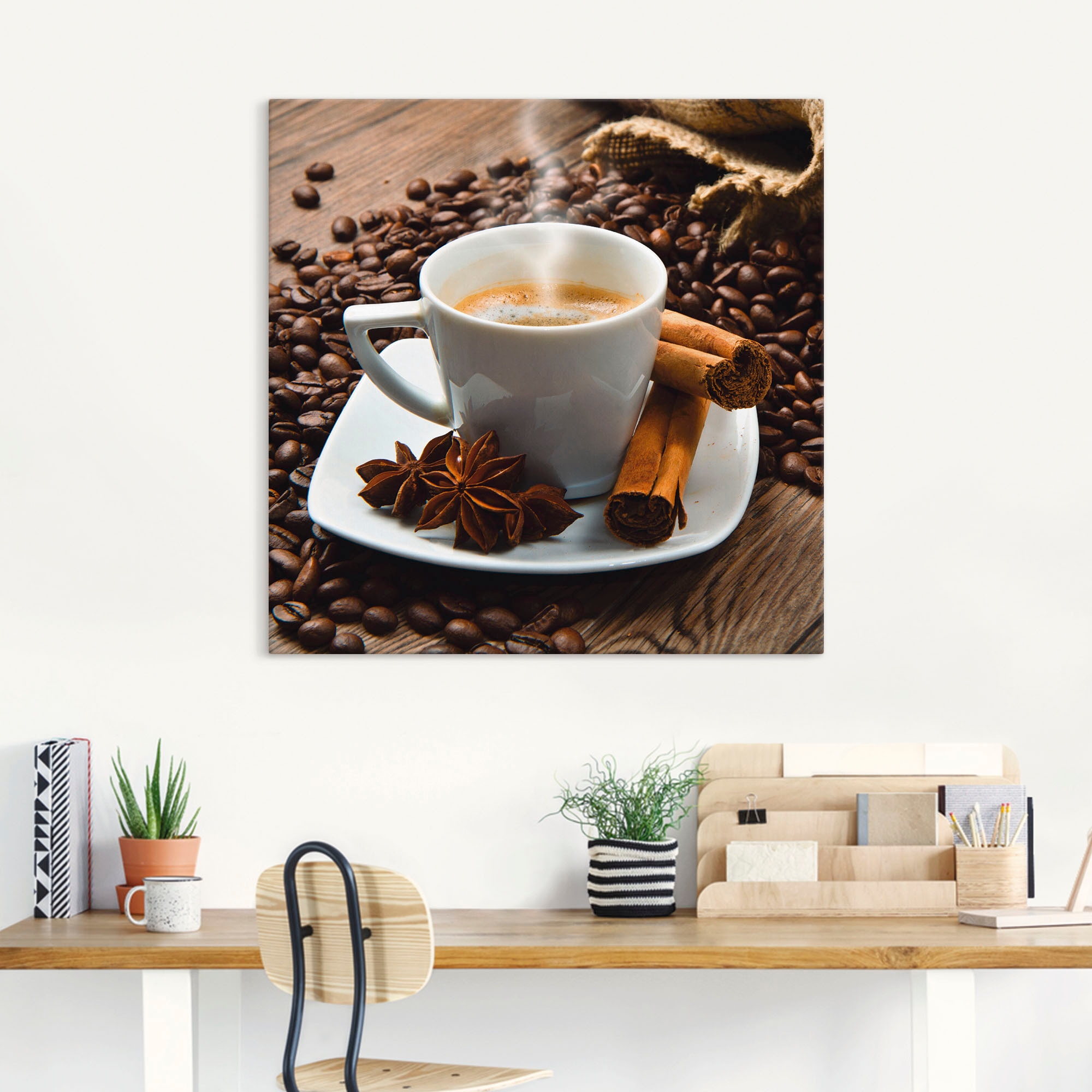 Artland Leinwandbild »Kaffeetasse Leinensack mit Kaffeebohnen« Getränke 1 Stk. tlg. auf Holzrahmen gespannt
