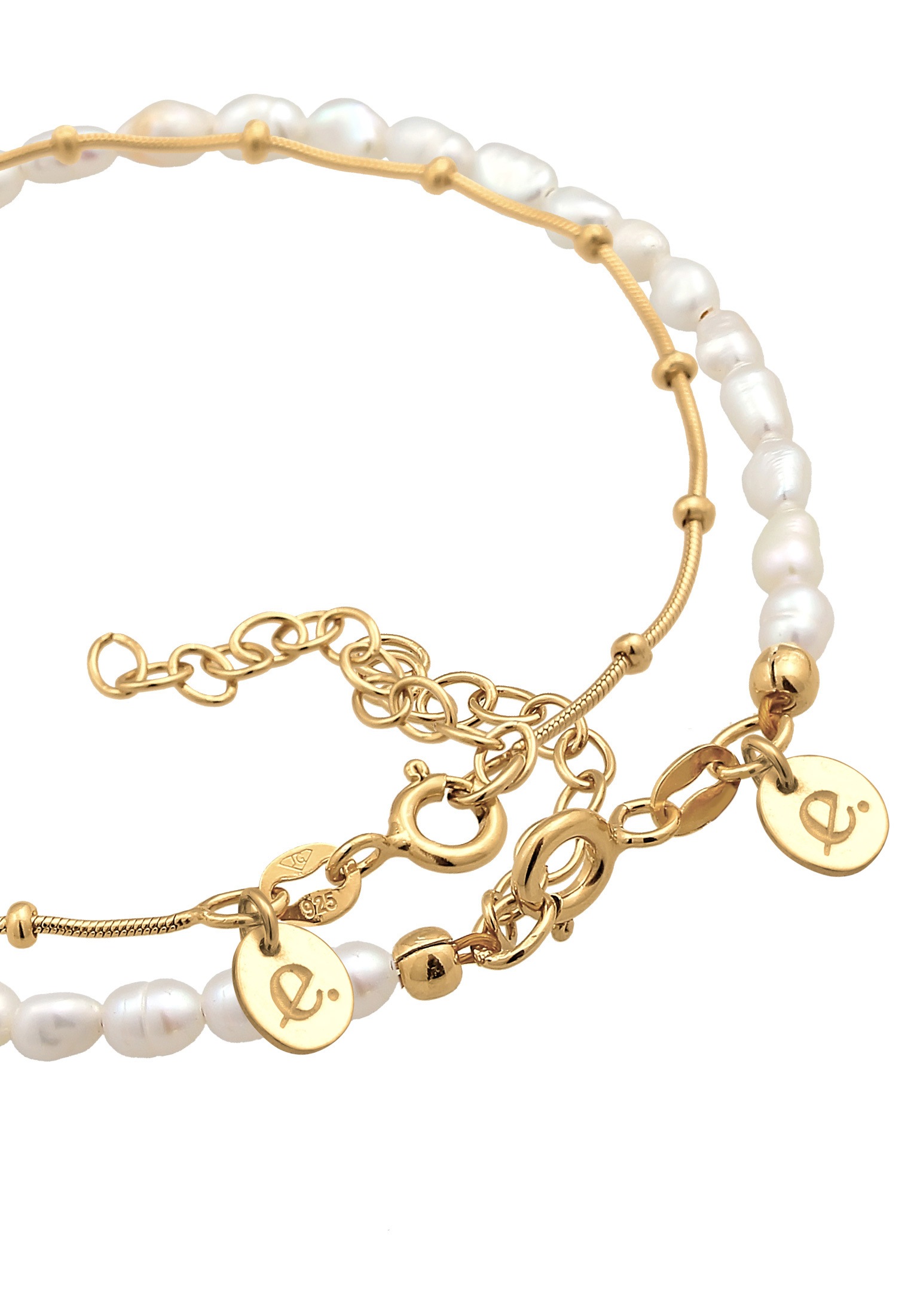 Elli Premium Lederarmband »Armband Kugelkette Süßwasserperlen 2er Set 925 Silber«