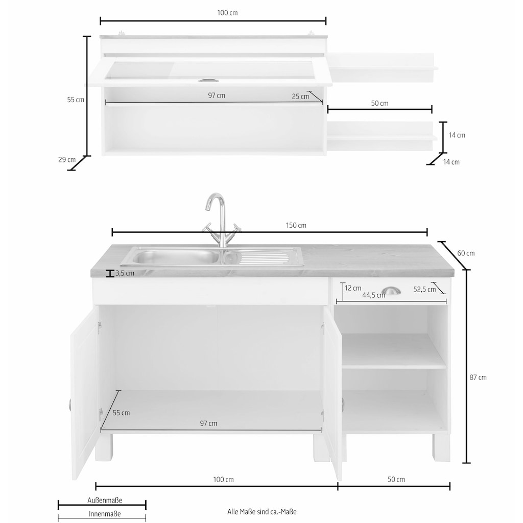 Home affaire Küchenzeile »Oslo«, Breite 150 cm, ohne E-Geräte, 35 mm Arbeitsplatte, Kiefer massiv