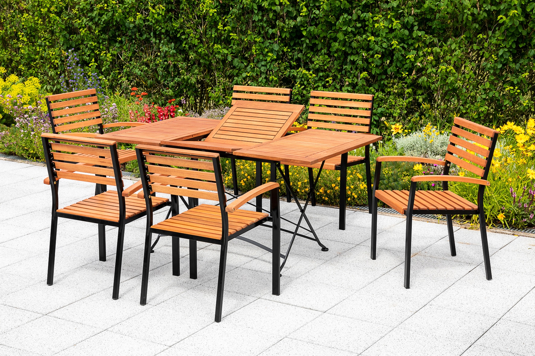 MERXX Garten-Essgruppe "Schloßgarten" 7 Stk. tlg. 6 Stapelsessel, Klappausziehtisch