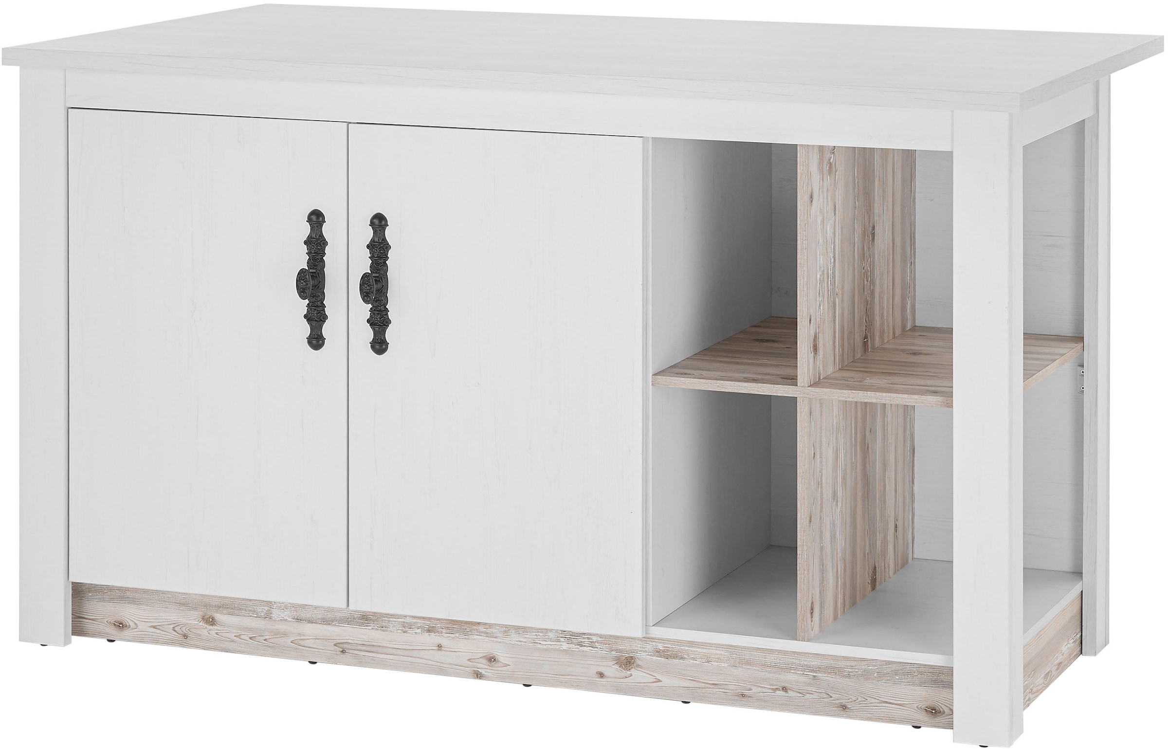 Home affaire, Kücheninsel »Florenz, Küchenblock in Pinie Weiß, Kochinsel, Küchenarbeitsblock« Breite 161 cm, mit verschnörkeltem Metallgriff, 