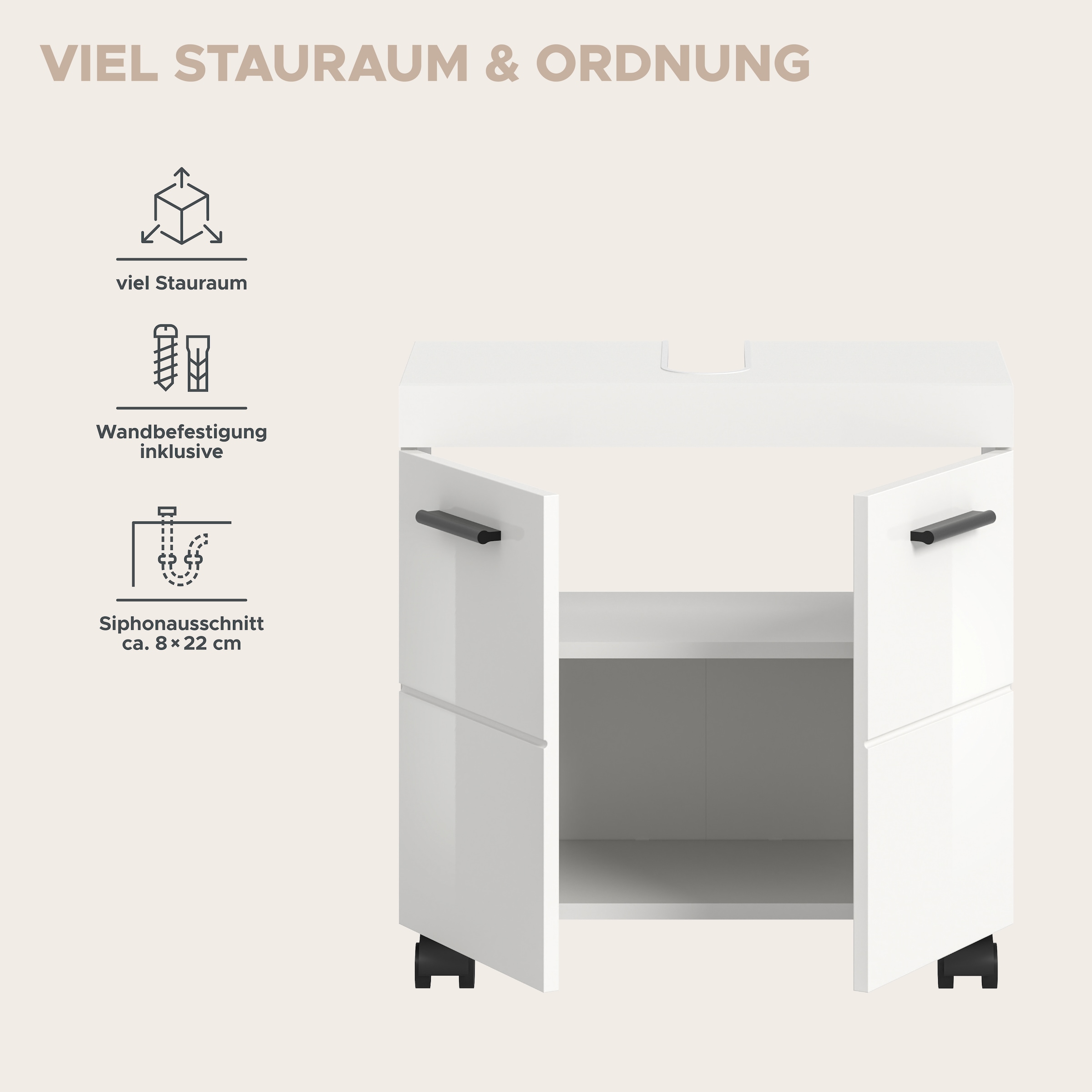 welltime Waschbeckenunterschrank »AVON, Breite 60 cm, 2 Türen, 1 Einlegboden, 2 Fächer« mit Siphonausschnitt 22x8 cm, Rückwand mit Ausschitt,  Badmöbel, Badschrank, Unterschrank, Waschtisch, Kommode, Bad