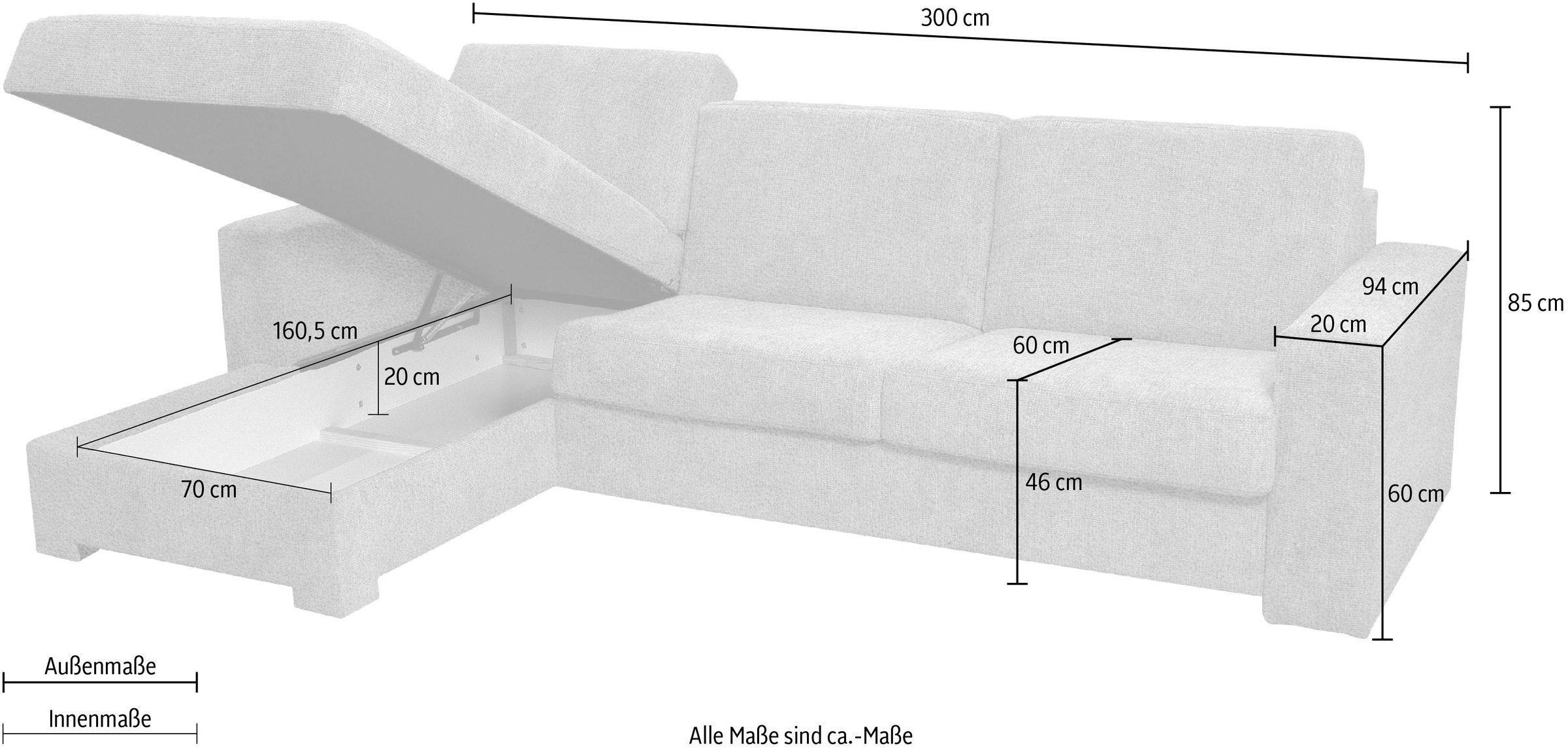 Home affaire Ecksofa Roma "L" Dauerschlaffunktion, mit Unterfederung, Matratzenhöhe 14cm, Liegemaße ca 163x198 cm, L-Form