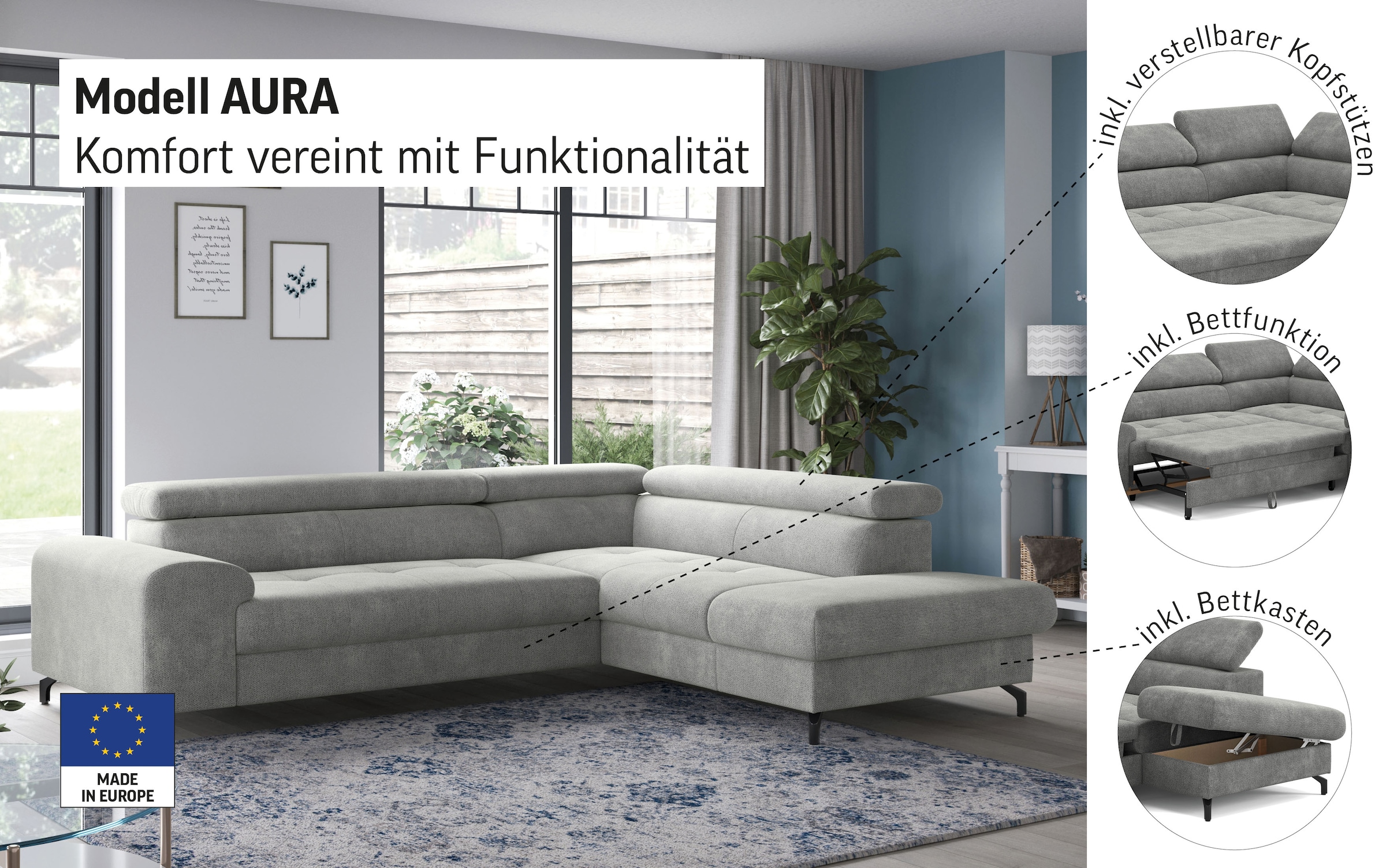 COTTA Ecksofa »Aura L-Form«, mit Schlaffunktion, Bettkasten und Kopfteilverstellung
