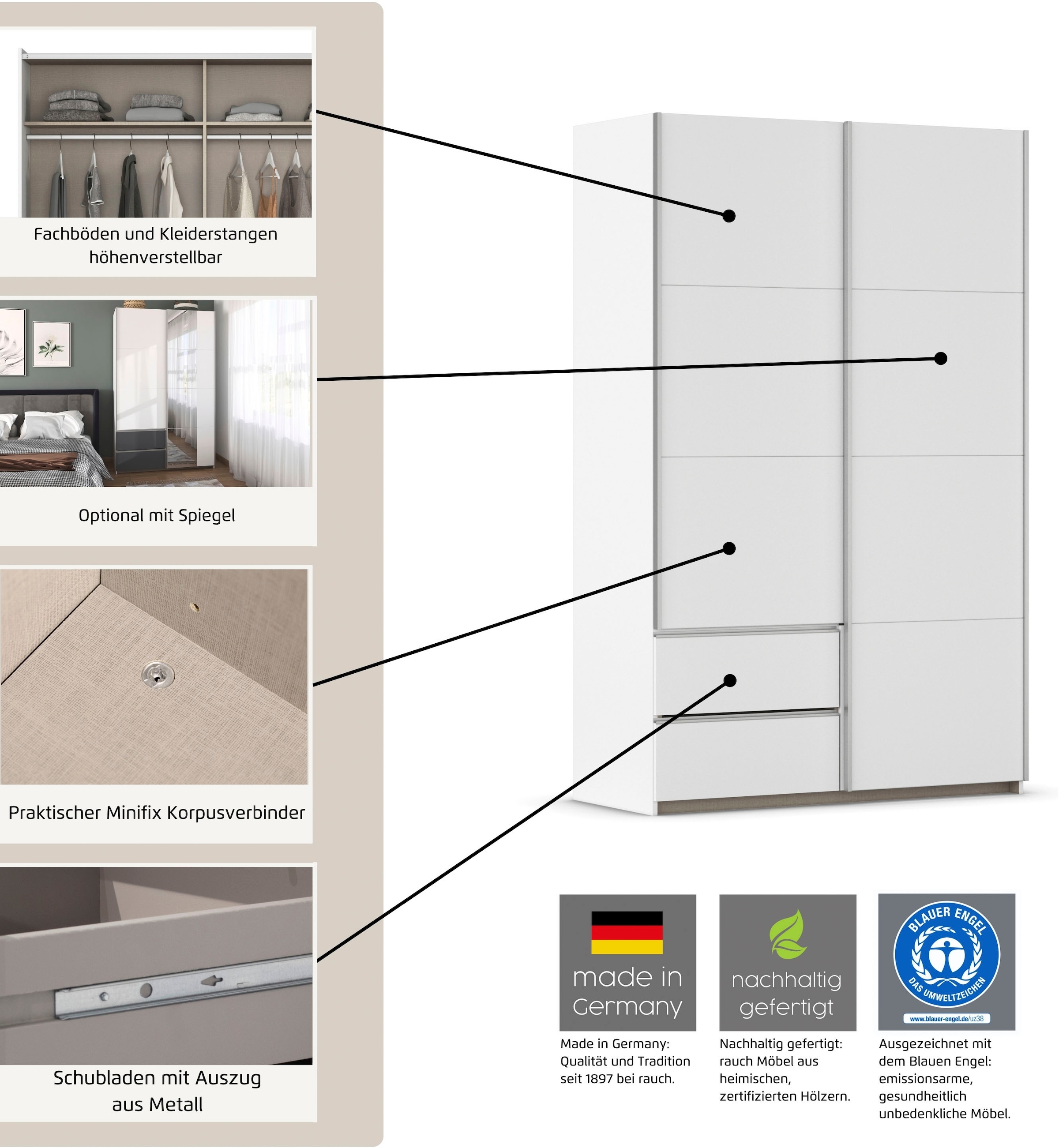 rauch Schwebetürenschrank »Kleiderschrank Schrank Garderobe Wäscheschrank SEVILLA mit Spiegel«, (in 3 verschiedenen Ausstattungen BASIC/CLASSIC/PREMIUM), Metall-Griffleisten alufarben oder Graumetallic MADE IN GERMANY