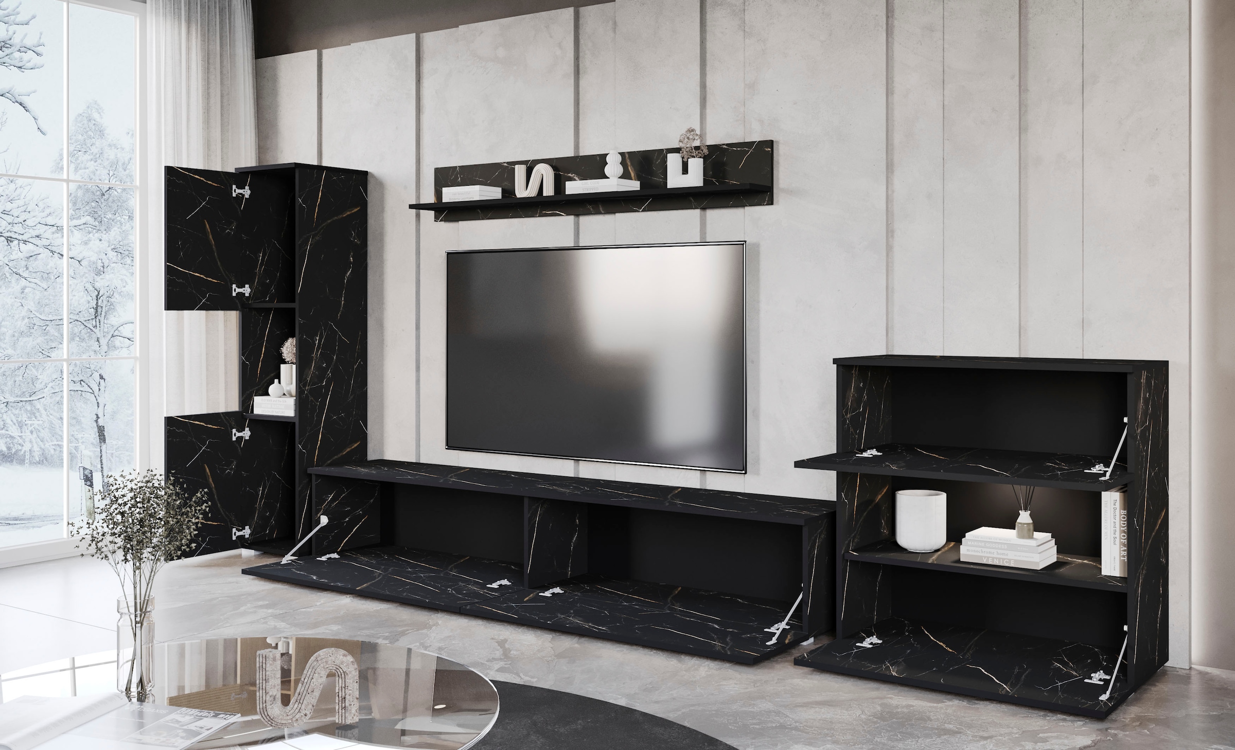 INOSIGN Wohnwand »PARIS, Vitrine Türanschlag links/rechts wechselbar«, (Komplett-Set, 4 St.), grifflose Design, stehend und hängend montierbar