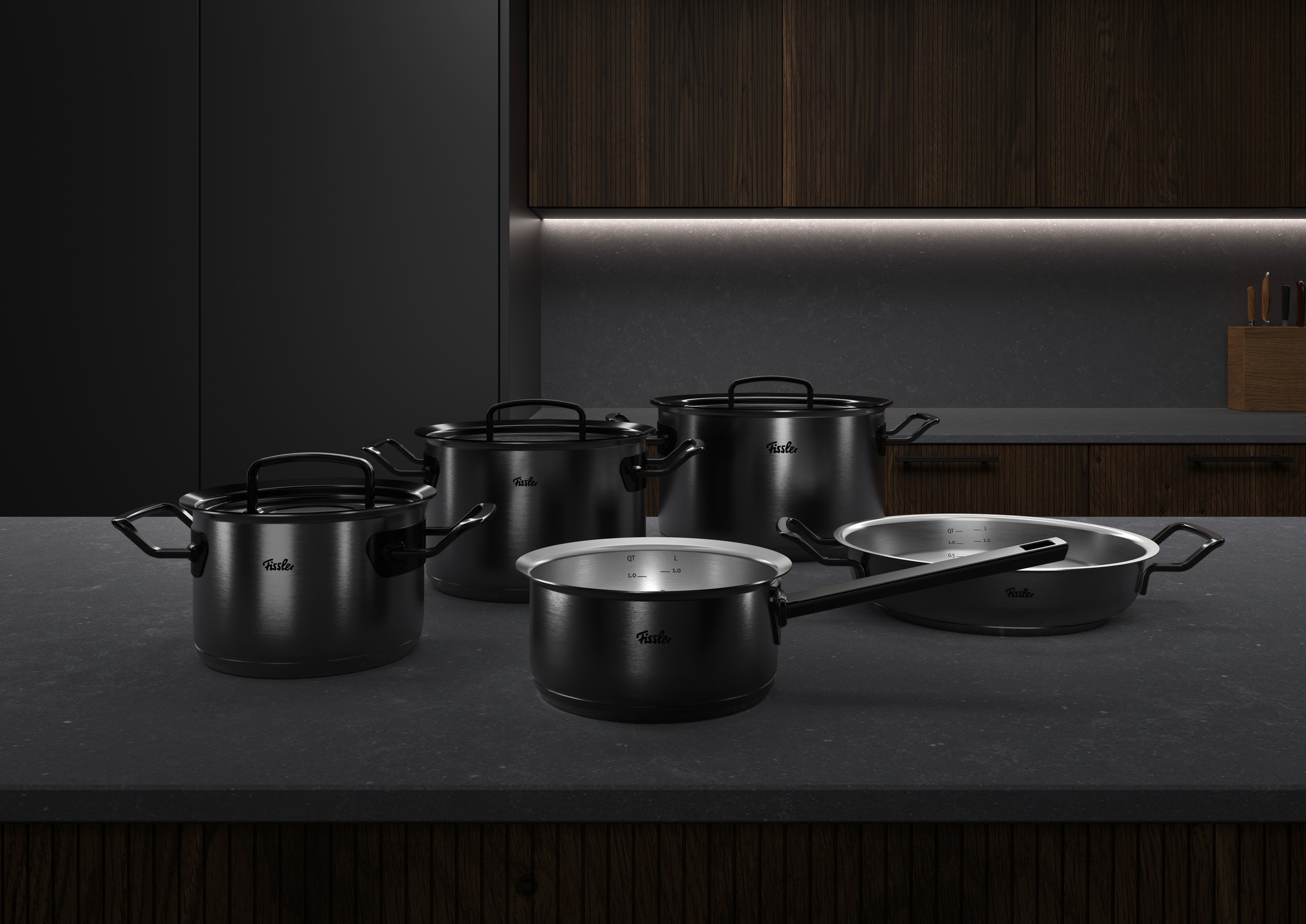 Fissler Topf-Set »Original-Profi Collection ShadowLine« Set, 3 Kochtöpfe mit Metalldeckel, 1 Servierpfanne, 1 Stielkasserolle, 8 Stk. tlg. Edelstahl 18/10