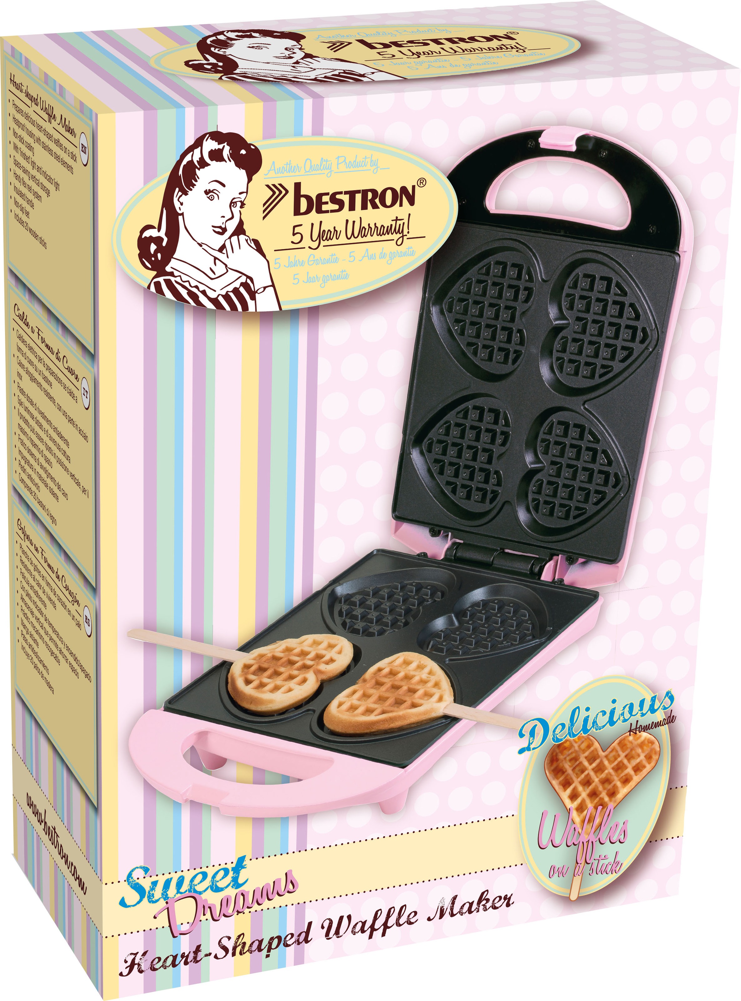 3 Stiel«, XXL W, Herzwaffeln 780 bestron Antihaftbeschichtung »DSW271P am Jahren Design mit Waffeleisen mit Waffelmaker für Garantie Retro