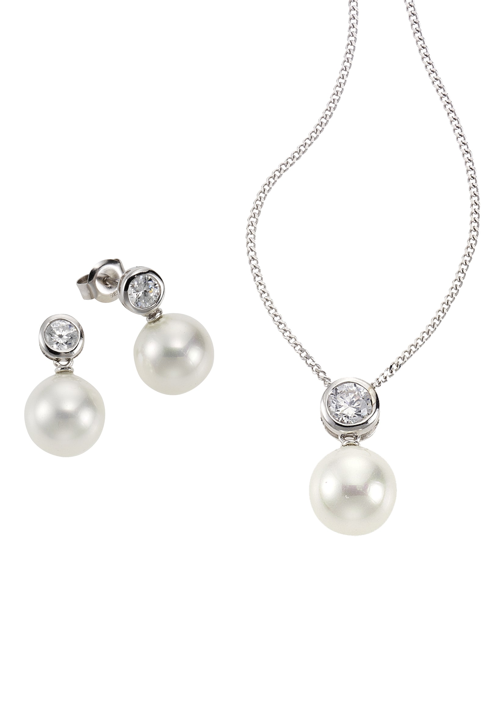 Firetti Ohrring und Ketten Set »Multipack Schmuck Geschenk Silber 925 Halskette Ohrstecker Perlschmuck« (Set, 4 Stk. tlg.)  mit Zirkonia (synth.) - mit Muschelkernperlen