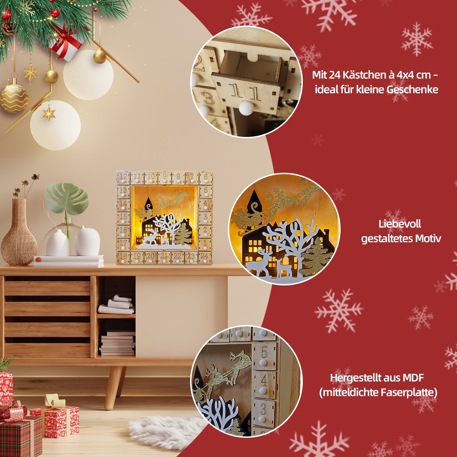 SHX Dekoobjekt »Adventkalender mit Motiv "Haus"«, LED-Licht, liebevoll gestaltetes Motiv, Kästchen mit 4x4 cm