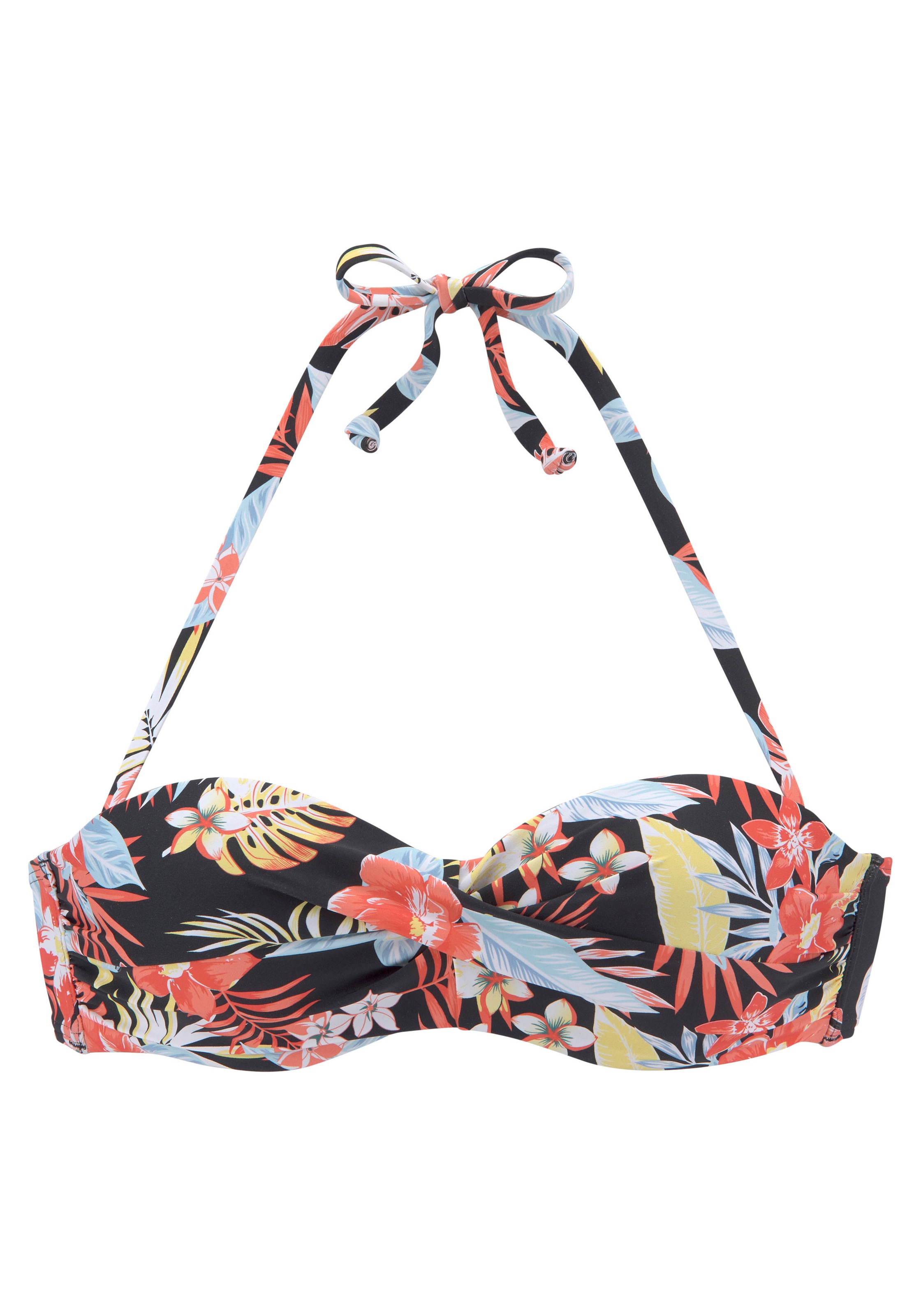 s.Oliver, Damen, Bügel-Bandeau-Bikini-Top »Marika« mit Wickeloptik, schwarz-bedruckt, Cup E, 42 - Cup E, schwarz-bedruckt, Mit tropischem Print