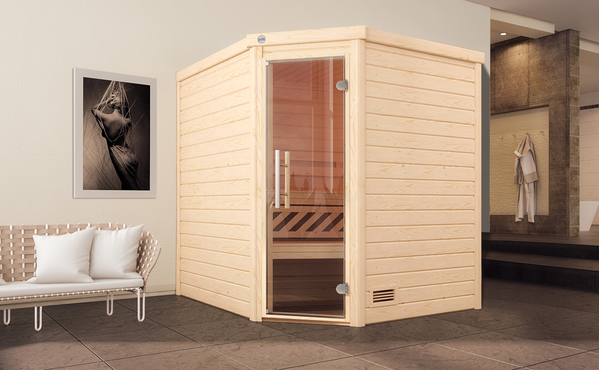 weka Sauna »Massivholzsauna TURKU 2« Blockbohlen, moderne Ganzglastür