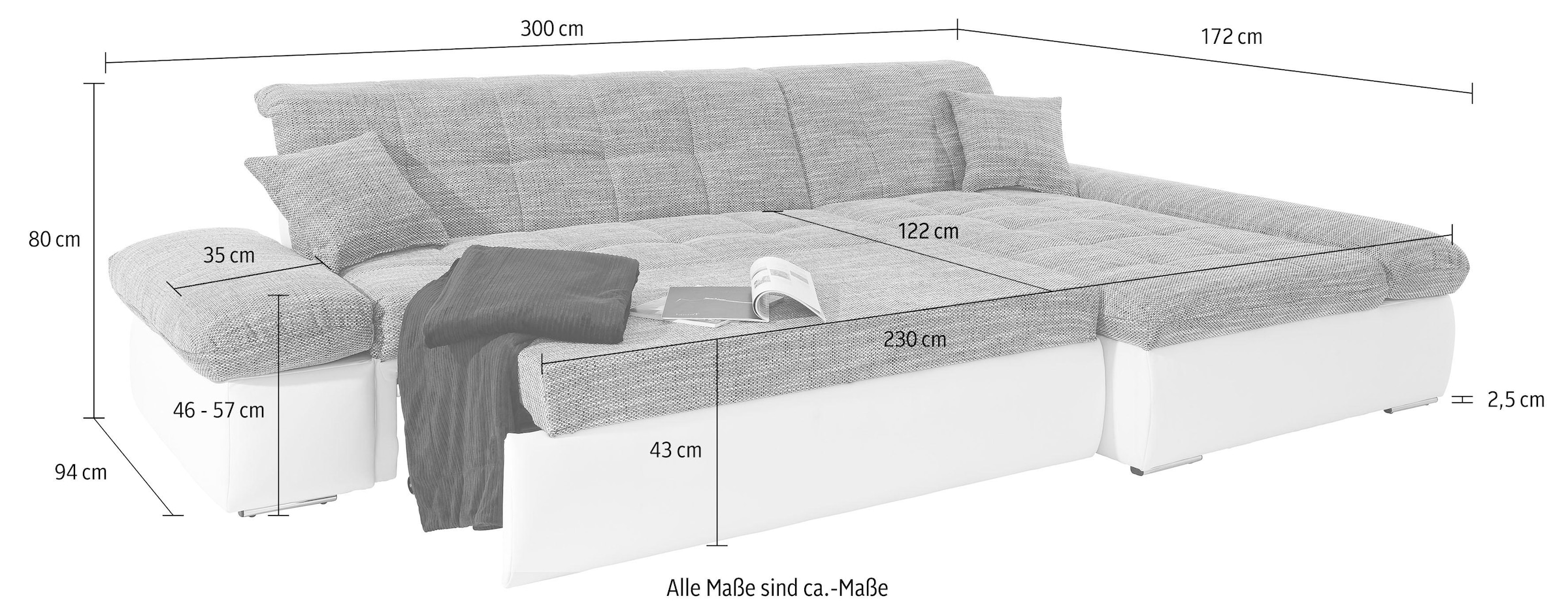 DOMO collection Ecksofa »PB Moric wahlweise mit Bettfunktion + Armteilverstellung, L-Form«, im XXL-Format, B/T/H:300/172/80 cm, feine Steppung