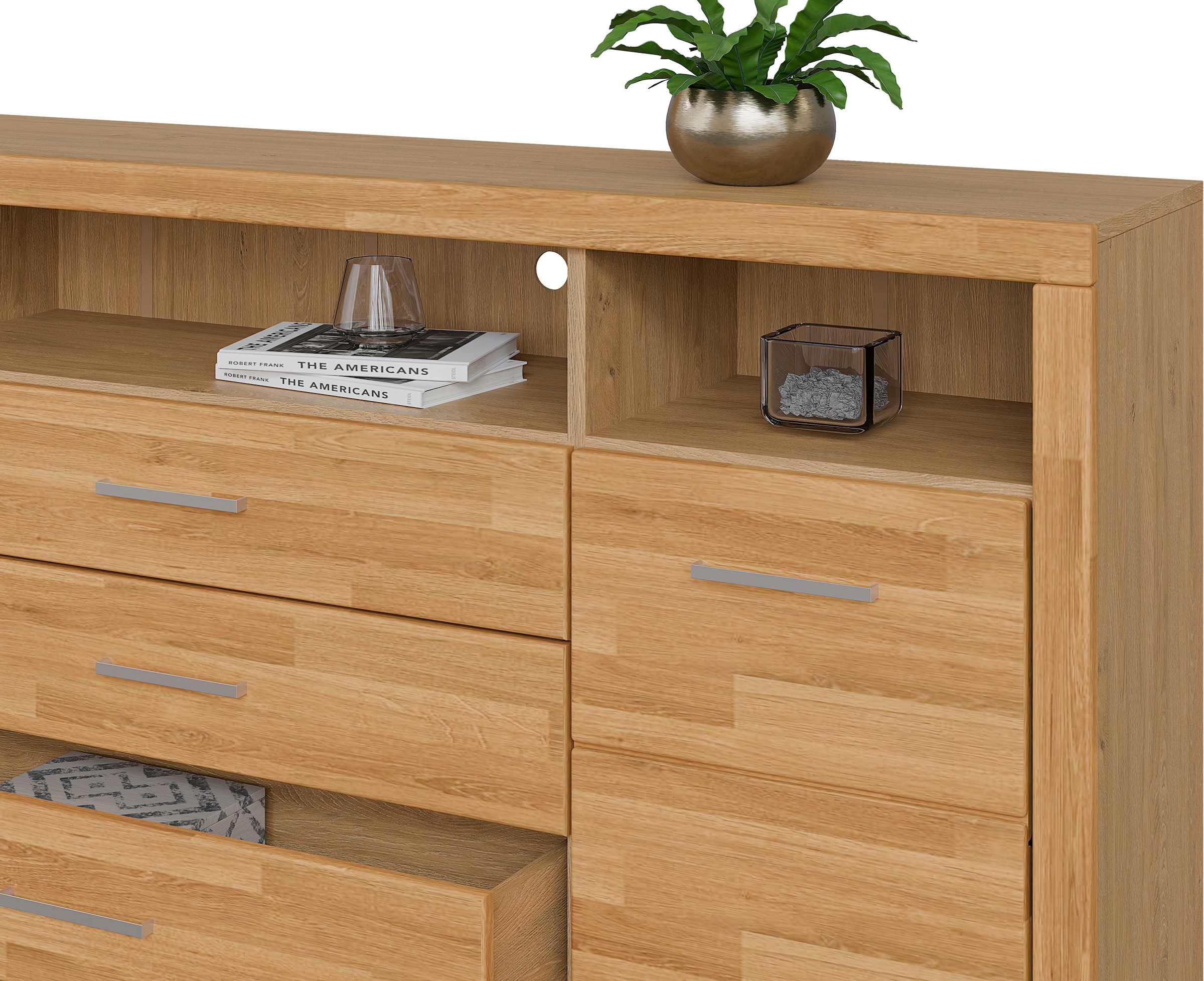 OTTO home Sideboard »Ribe,180cm breit, Fronten Massivholz,7 Fächer« Holz massiv, Holzwerkstoff, Metall Griffe,2Türen,3Schubladen