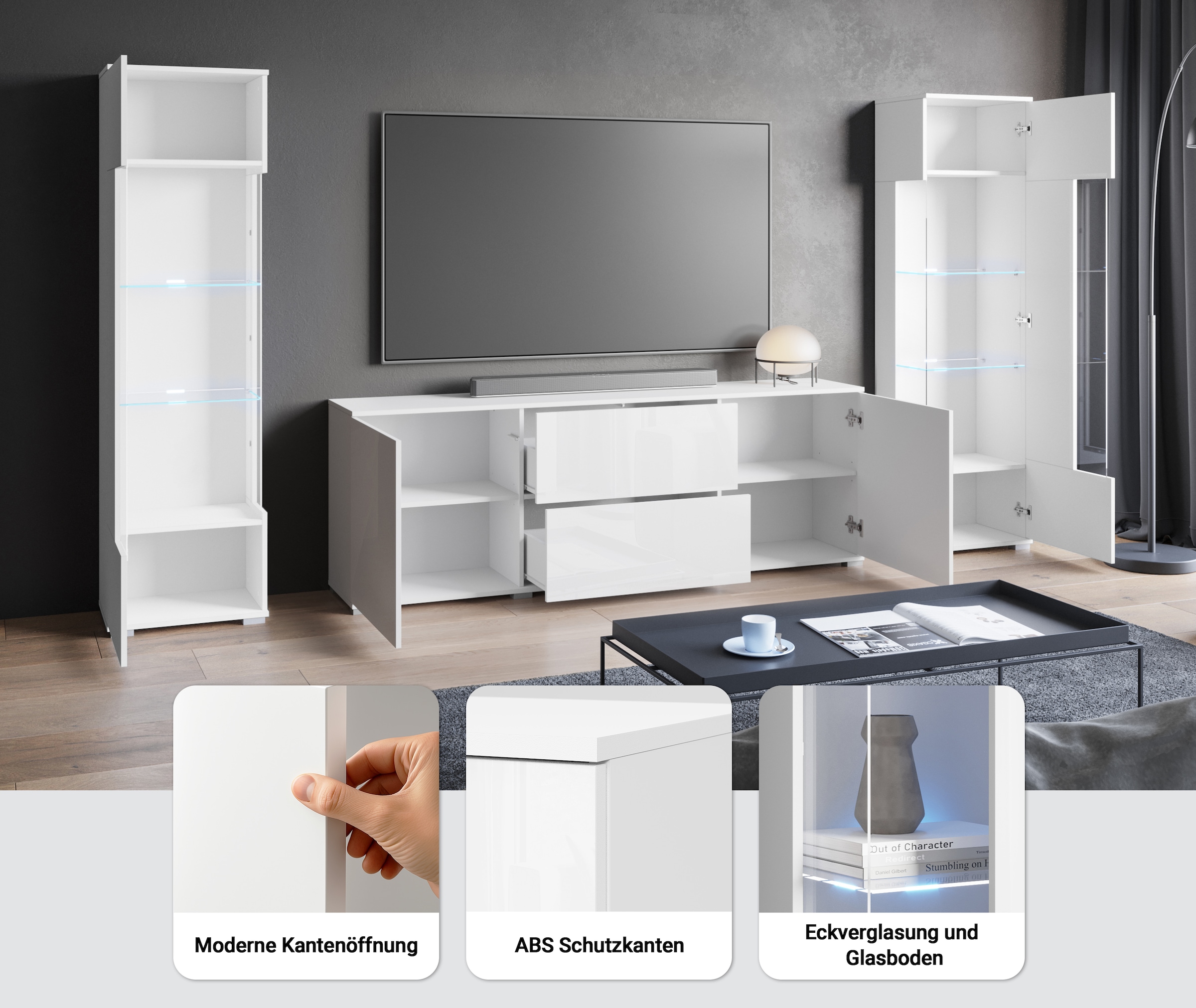 INOSIGN Wohnwand »KENIA«, (Komplett-Set, 3 St.), Vitrinen mit Eckverglasung, hängend und stehend montierbar