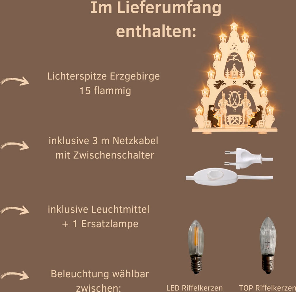 Weigla Schwibbogen »Erzgebirge, große Lichterspitze, Bergmann NATUR-BRAUN, Made in Germany« 1 Stk. Erzgebirge garantiert, Weihnachtsdeko Innen, Weihnachtsbeleuchtung