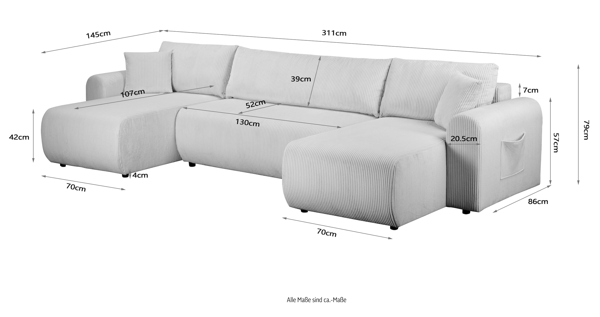 OTTO home Wohnlandschaft »JONAA, 311 cm, U-Form, Schlafsofa, Boxspringfederung, Cord u. Struktur« 133/270cm, Bettkasten, Seitentaschen, Cord und Struktur