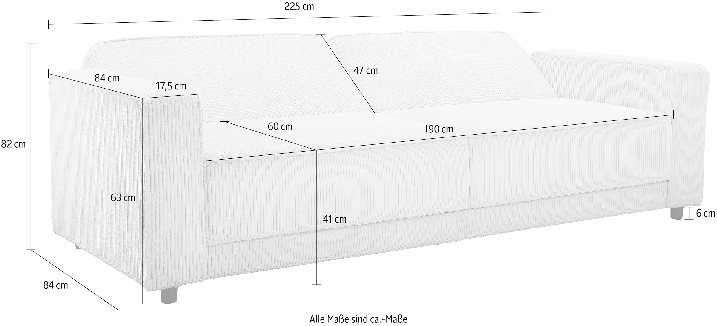 Dorel Home 3-Sitzer »Allie Schlafsofa 225 cm«, Bett-Funktion (108/190cm), trendiger Cord o. pflegeleichter Velours