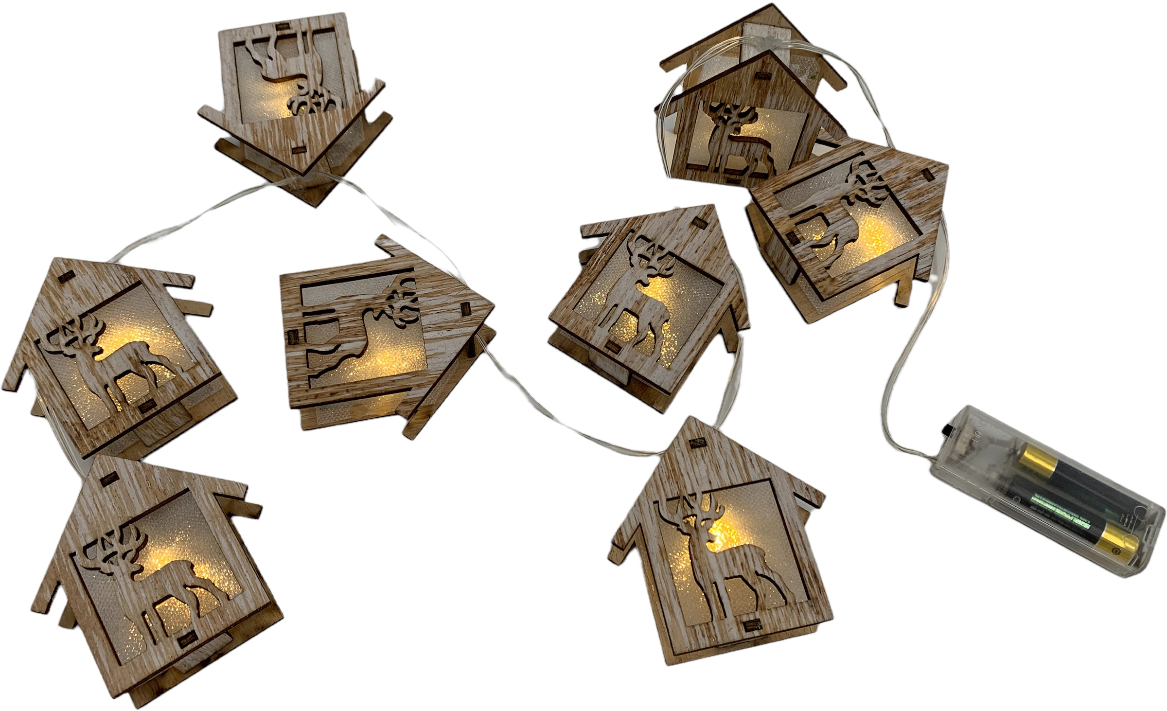 Lichterkette »Weihnachtsdeko«, 8 St.-flammig, Häuschen mit Rentier Motiv,  aus Holz, indoor, Länge 80 cm, im 2er-Set bequem bestellen