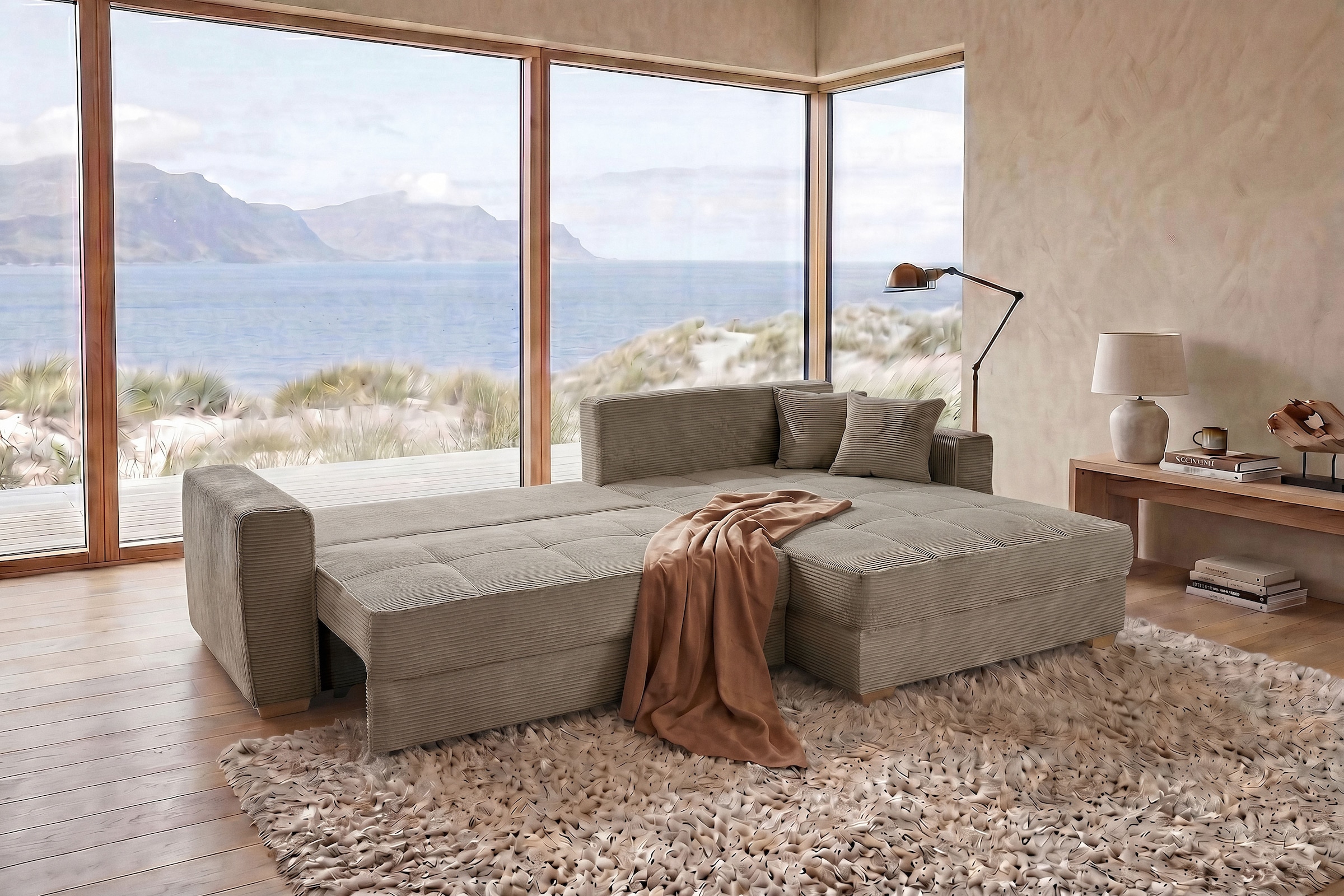 Jockenhöfer Gruppe Ecksofa »Bologna, L-Form, Breite: 298 cm, Cord-Bezug, beidseitig montierbar« mit Bettfunktion, Bettkasten&Zierkissen, Wellenfederung, XXL-Ottomane