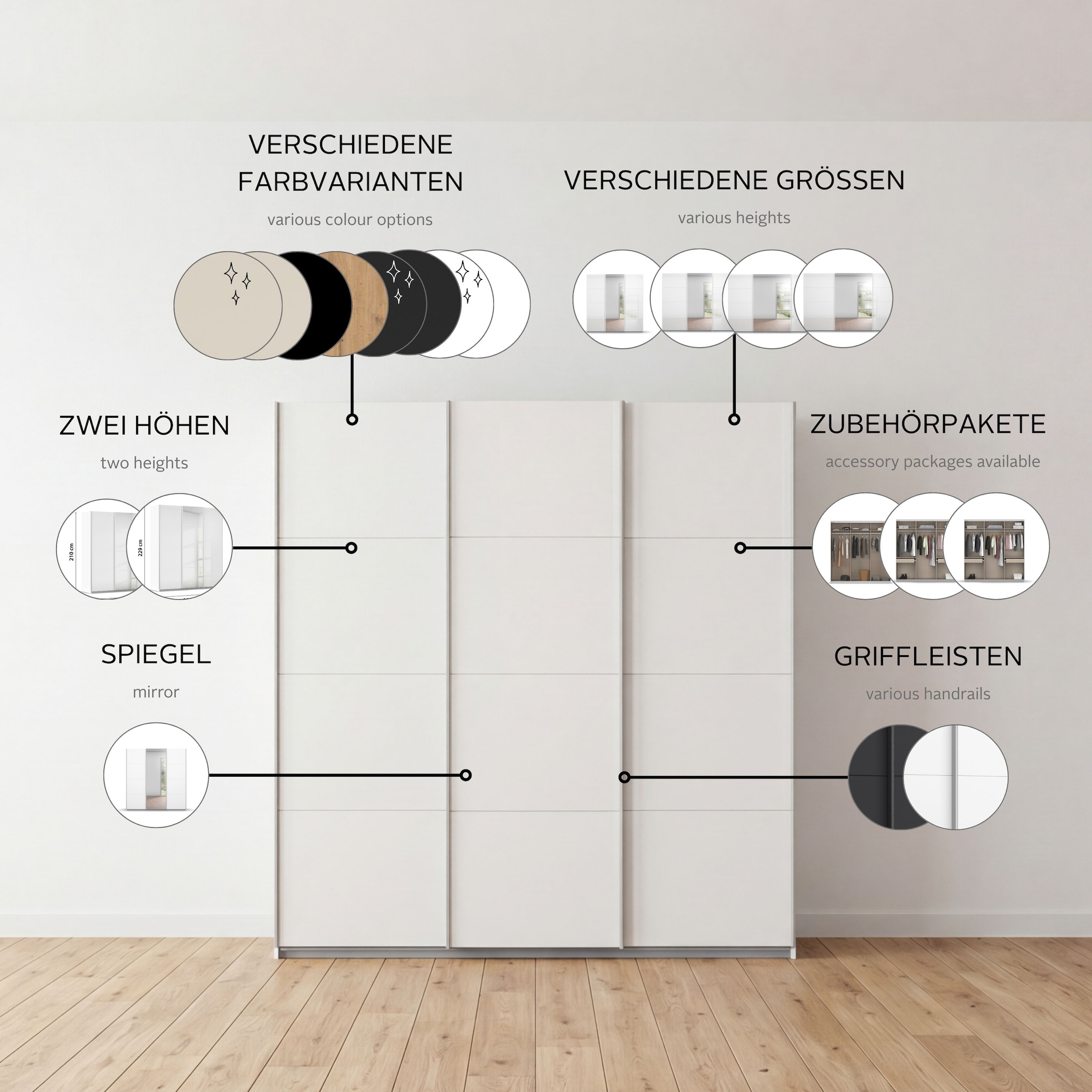 rauch Schwebetürenschrank »Kleiderschrank Schrank Garderobe KOLUNA mit Spiegel« 3 Ausstattungen BASIC/CLASSIC/PREMIUM (inkl. SOFT-CLOSE-FUNKTION),  Breiten 203/271/315/360 cm Höhen 210/229 cm MADE IN GERMANY