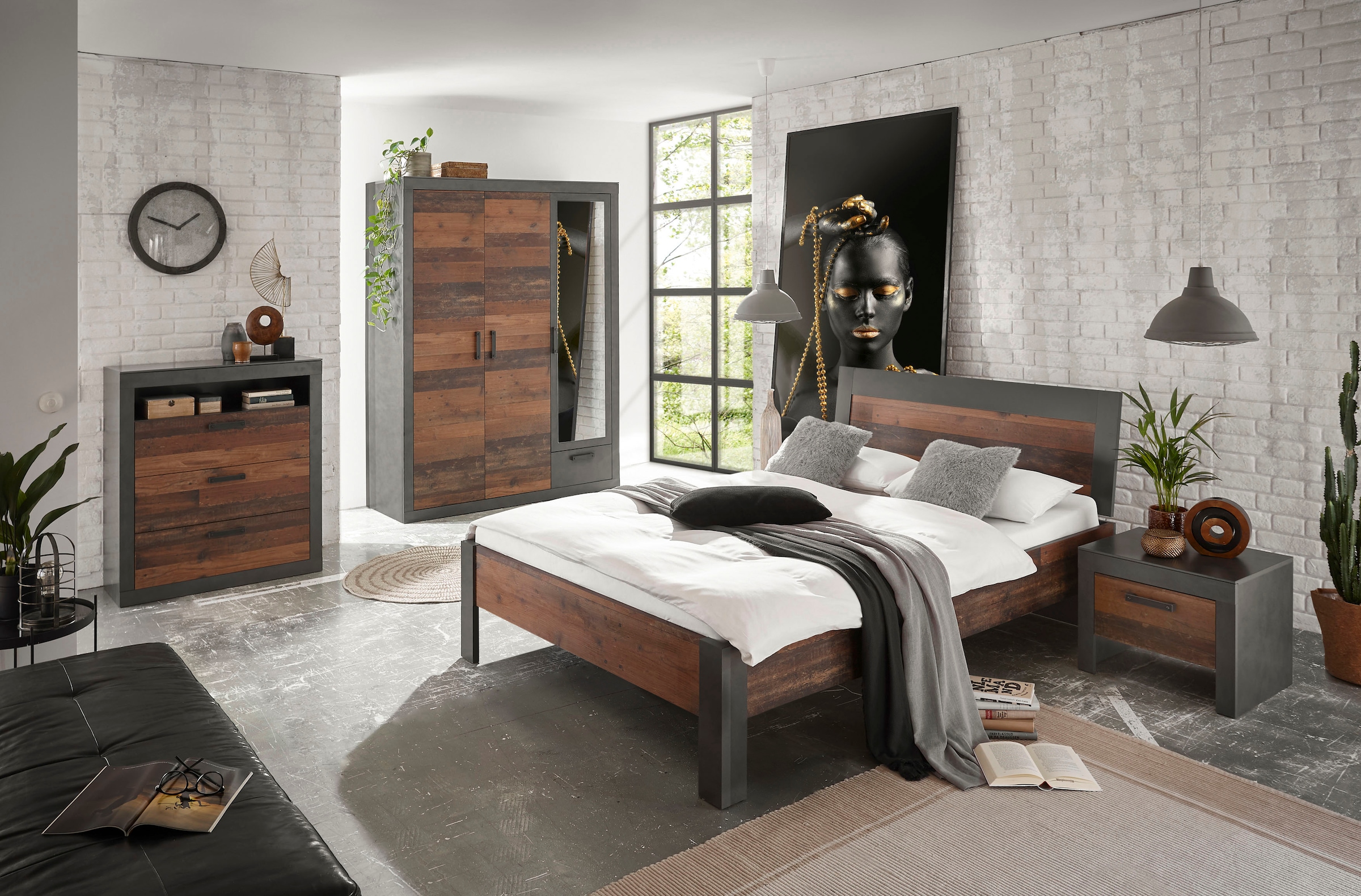 Schlafzimmer-Set »BROOKLYN«, (Set, 4 St., mit Holzkopfteil, Nachtkommode,...